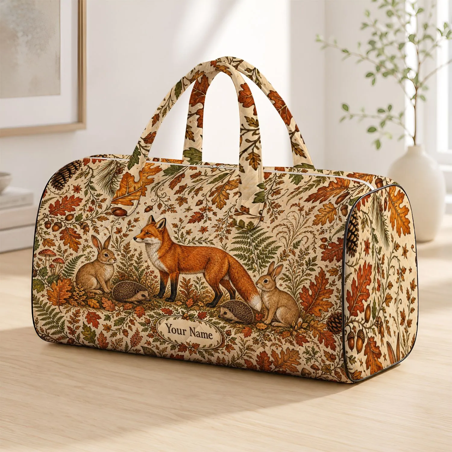 Woodland Fox Rabbit Hedgehog Autumn Leaves Cottagecore Travel Gift For Nature Lovers Quilted Weekend Bag - 1