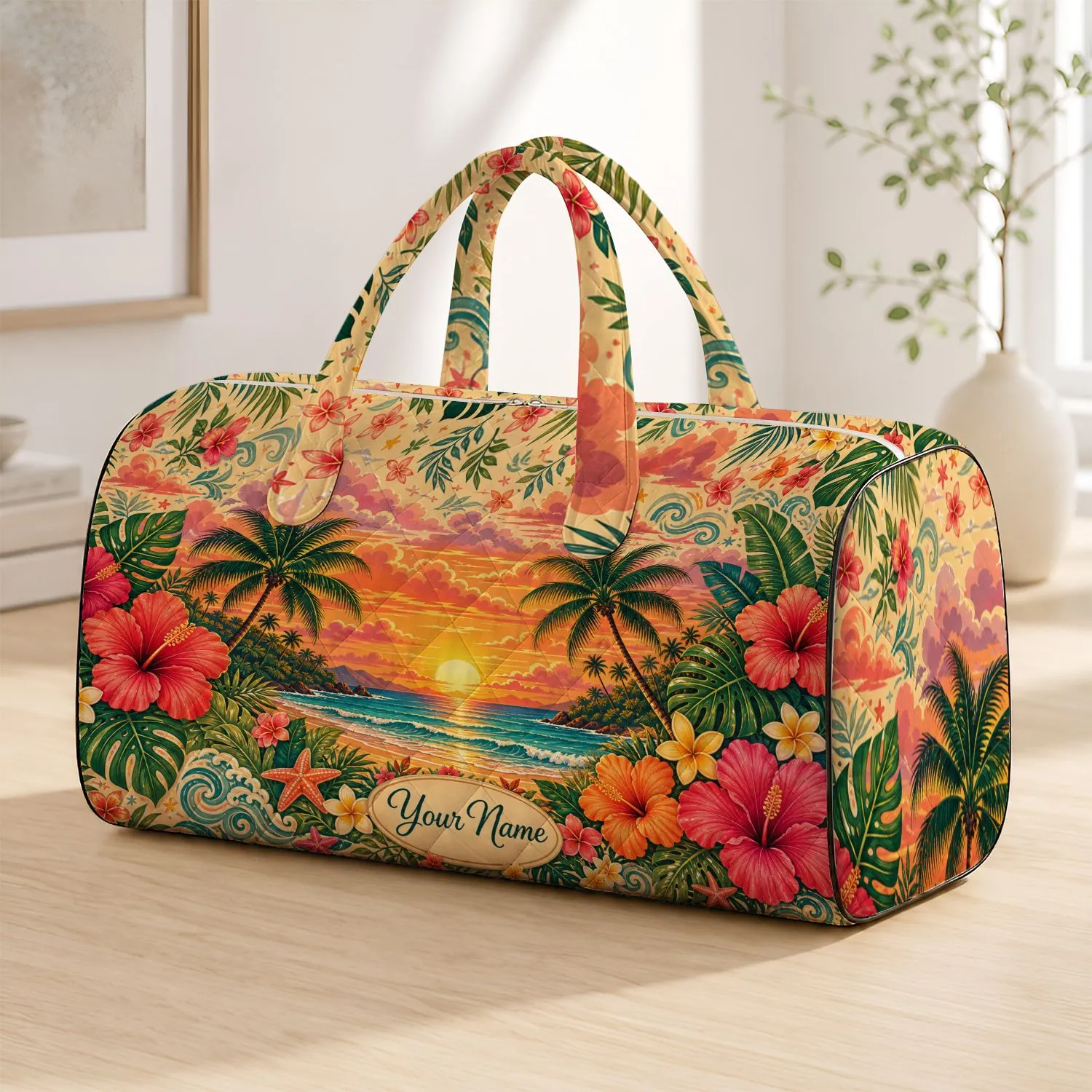 Tropical Sunset Palm Trees Hibiscus Ocean Vacation Hawaiian Floral Name Gift For Women Quilted Weekend Bag - 1