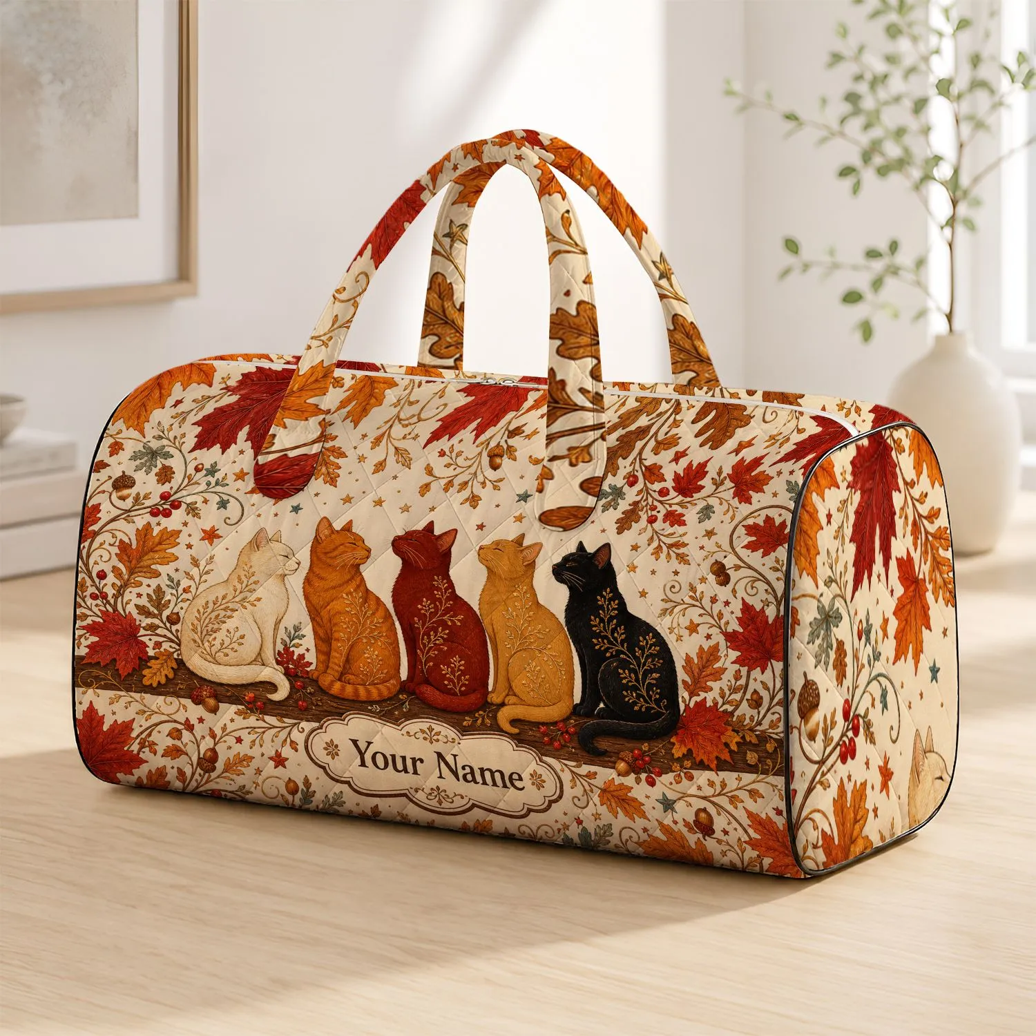 Elegant Autumn Cats With Maple Leaves Acorns And Vines For Fall Travel Pet Lover Gifts Quilted Weekend Bag - 1