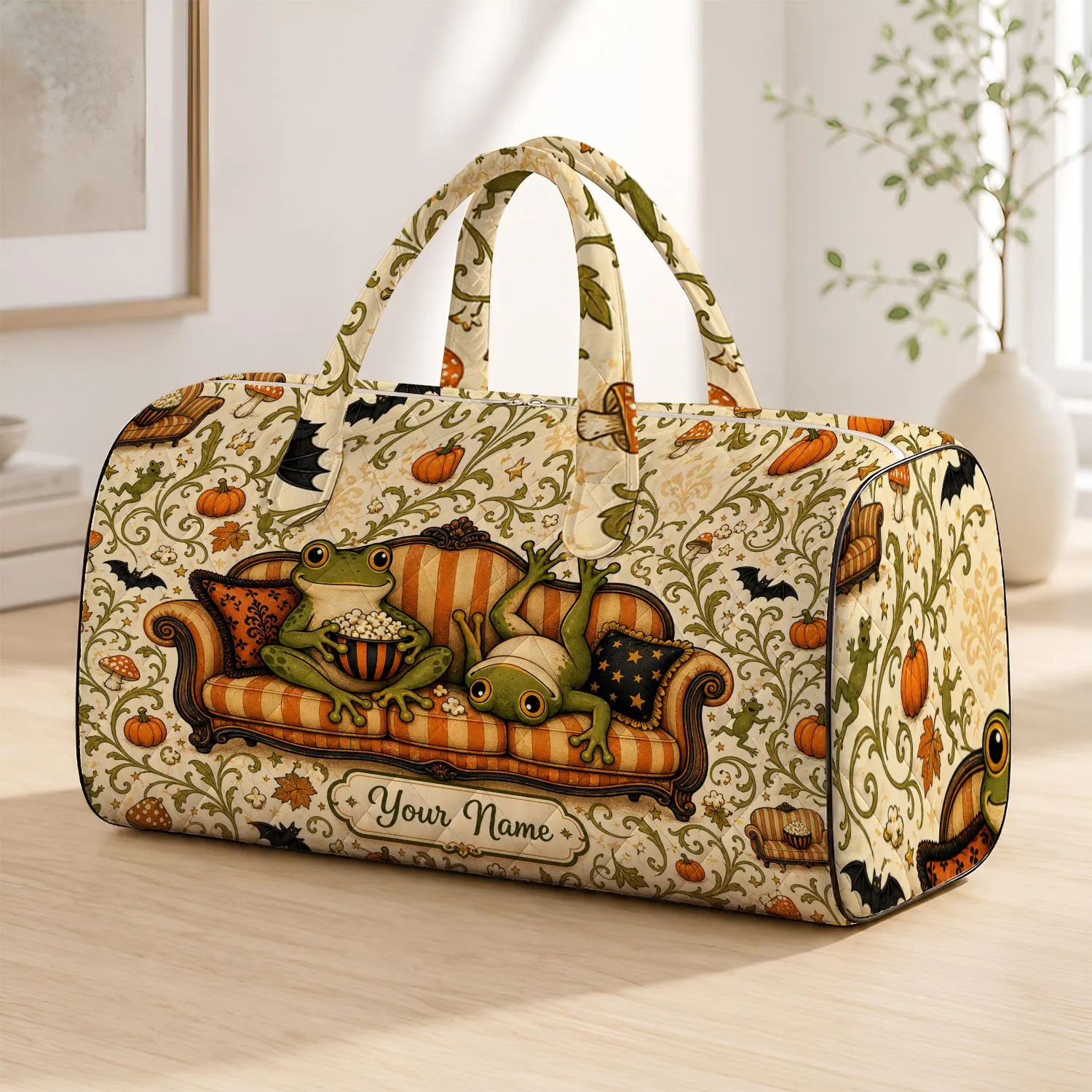 Cute Halloween Frogs On Vintage Sofa With Popcorn For Cozy Fall Getaways Frog Fans Quilted Weekend Bag - 1