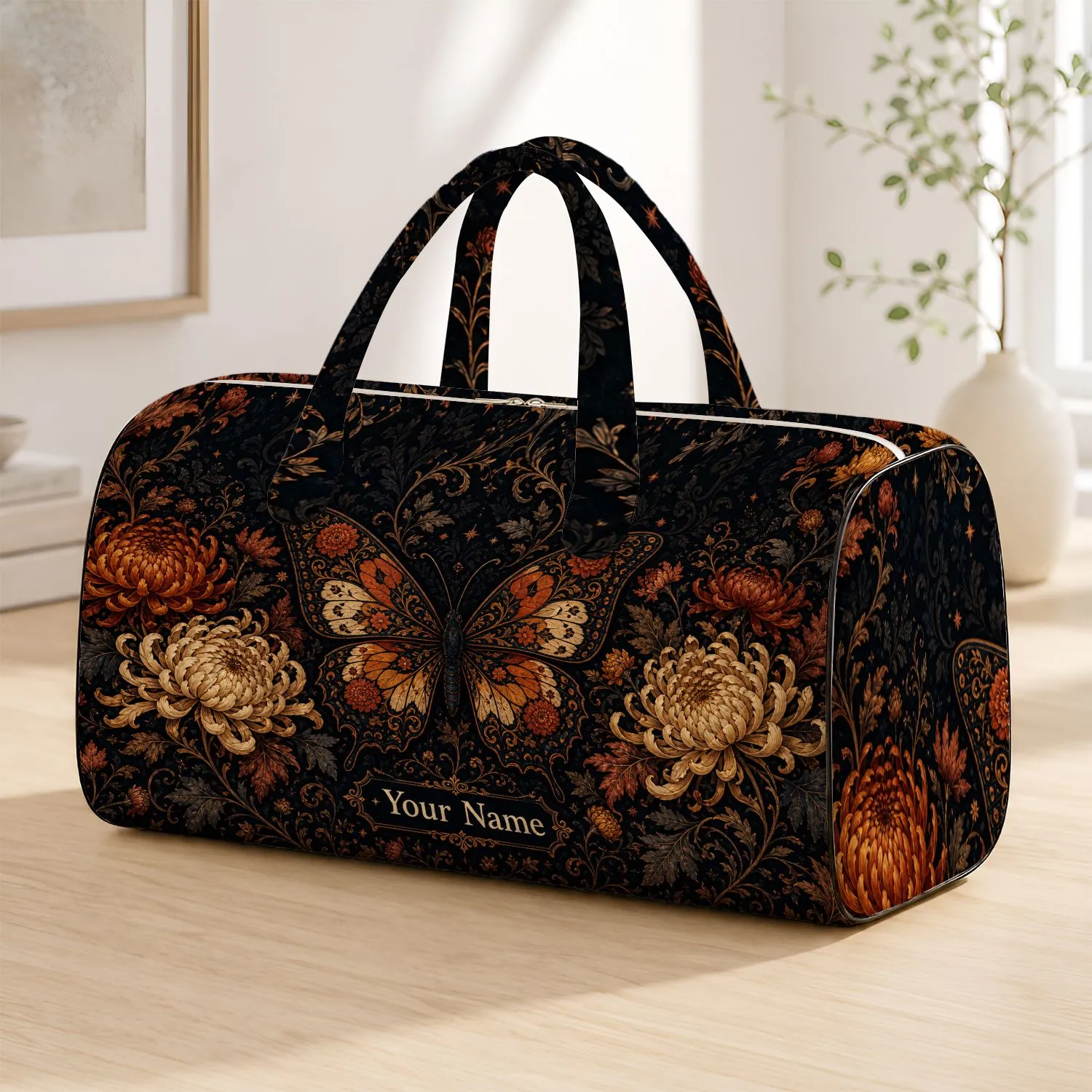 Gothic Butterfly Chrysanthemum Dark Floral Name Plaque For Autumn Holidays Women Quilted Weekend Bag - 1