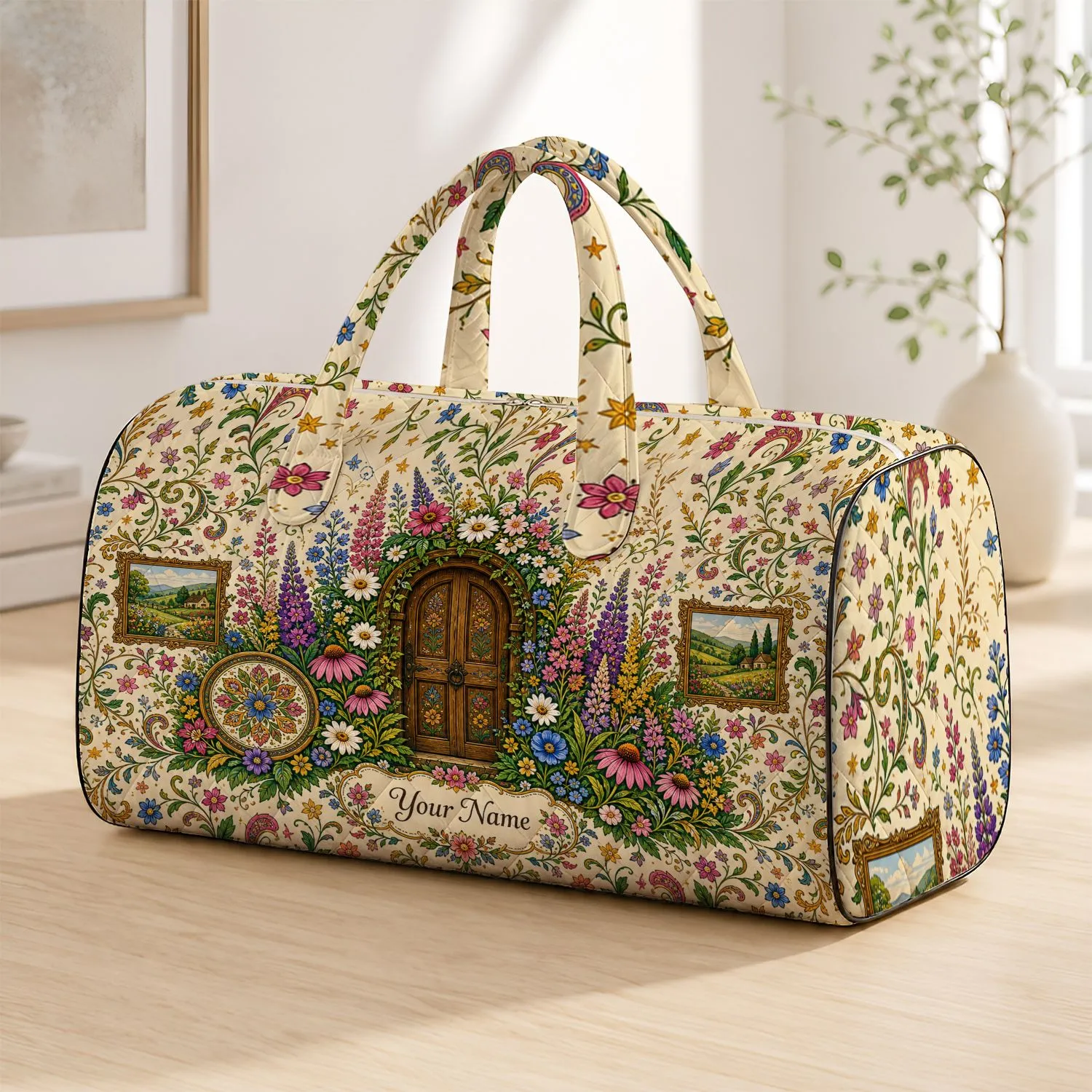 Rustic Garden Door With Wildflowers Name Plaque Cottagecore Travel Getaway Gift For Her Quilted Weekend Bag - 1
