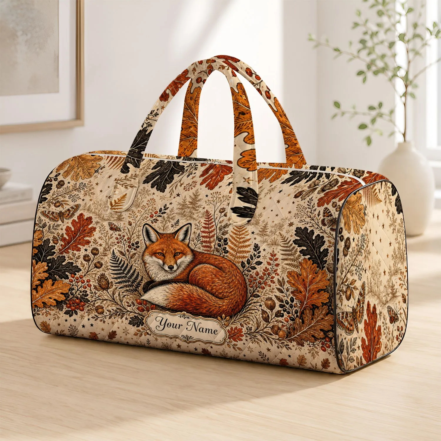 Fox Autumn Woodland Folk Art With Oak Leaves For Fall Travel And Holiday Gifts For Her Quilted Weekend Bag - 1