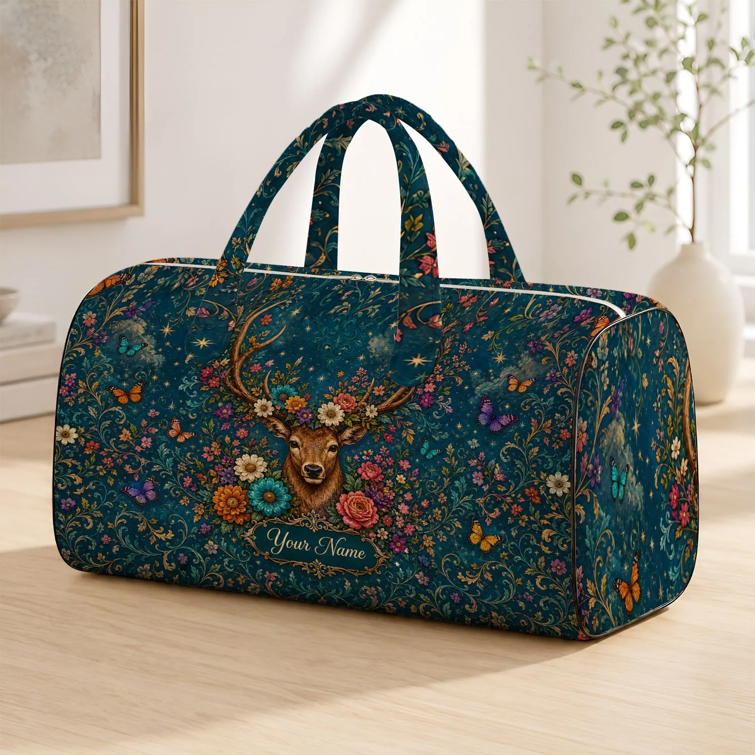 Enchanted Teal Stag With Floral Antlers And Butterflies For Woodland Fantasy Fans Quilted Weekend Bag - 1