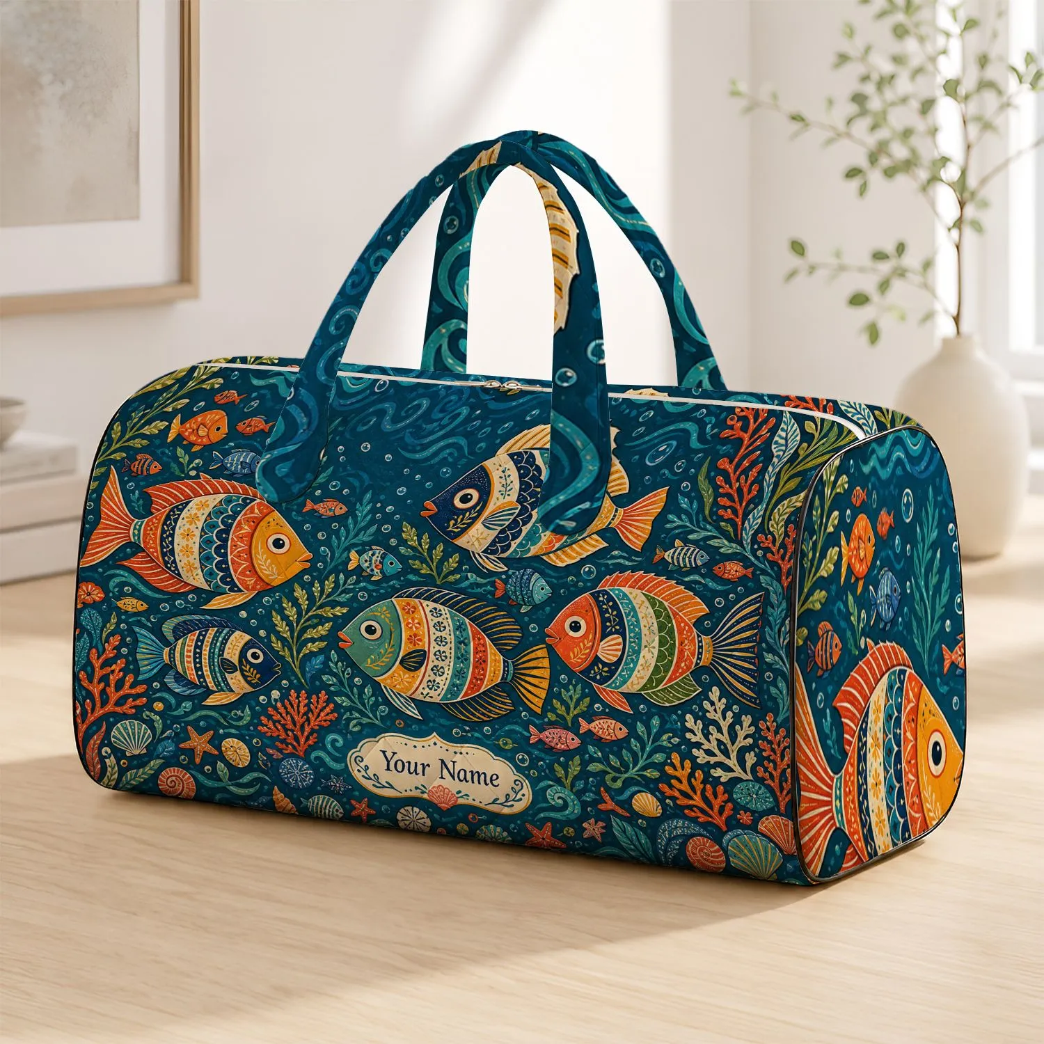 Tropical Fish Teal Ocean Nautical Folk Art Travel Accessory For Beach Lovers Women Quilted Weekend Bag - 1