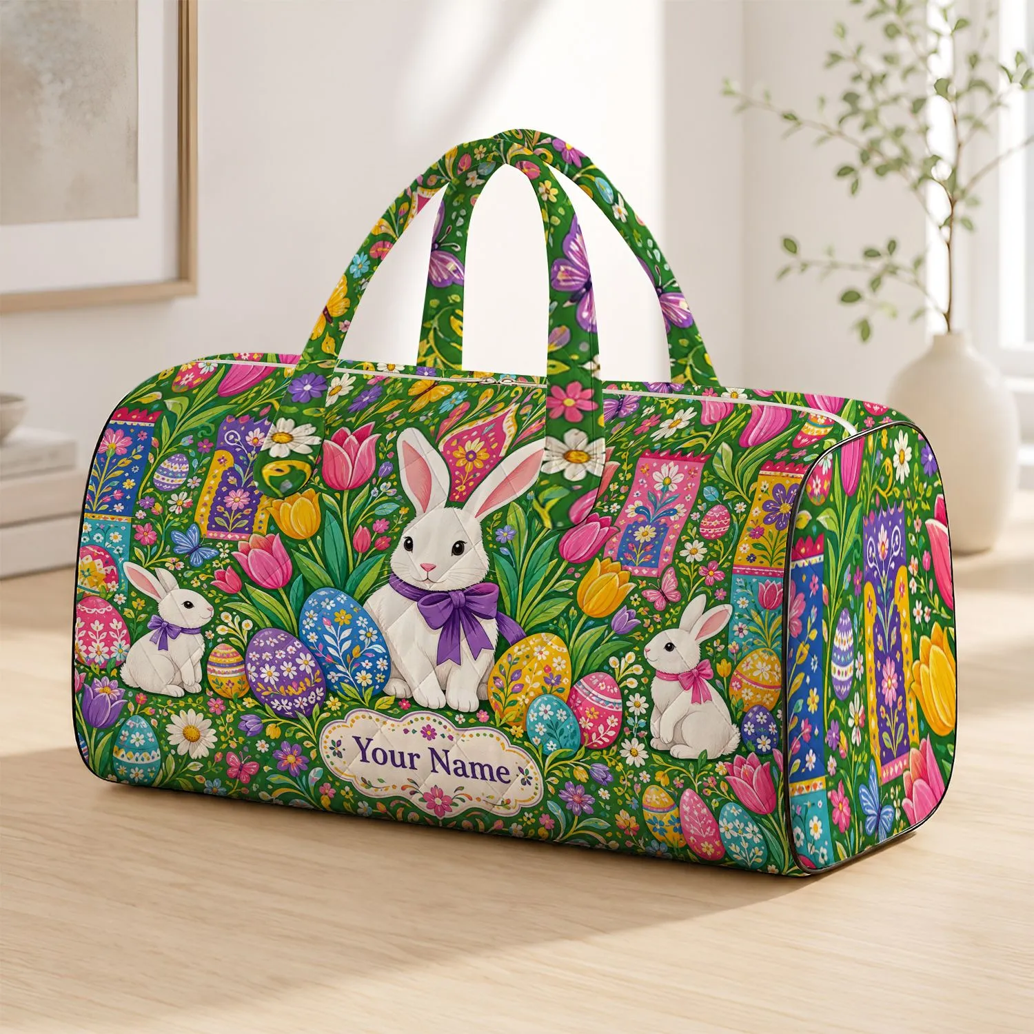 Easter Bunny Eggs Tulips Candy Bright Spring Travel Gift With Name Script For Rabbit Fans Quilted Weekend Bag - 1
