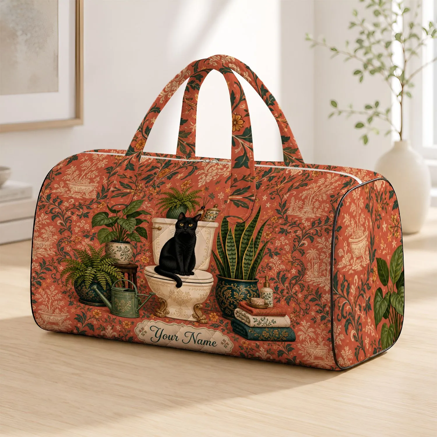 Black Cat On Clawfoot Toilet With Plants For Vintage Bathroom Humor Cat Ladies Gift Quilted Weekend Bag - 1