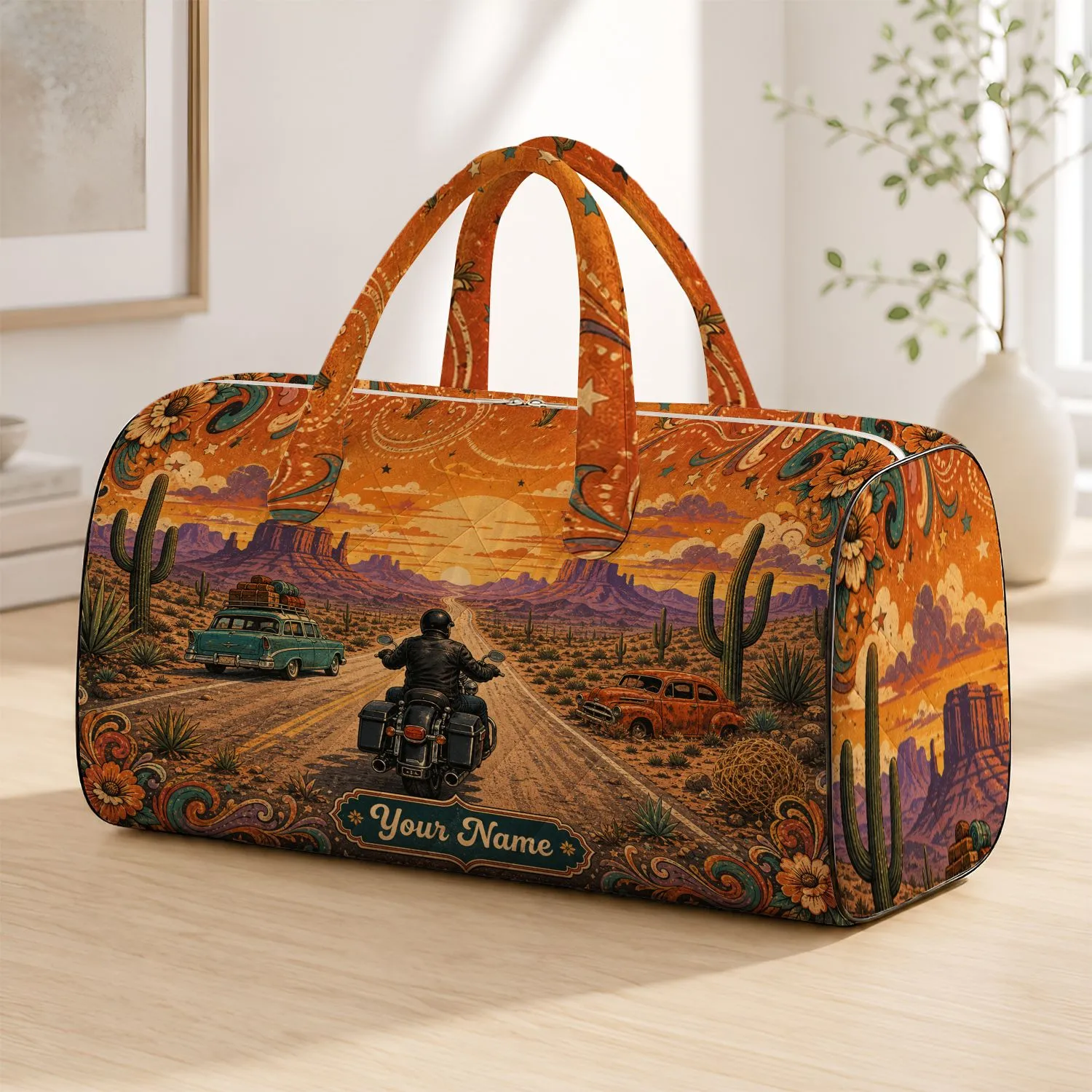 Vintage Southwest Motorcycle Desert Road Trip Sunset Americana Travel Gift For Riders Quilted Weekend Bag - 1