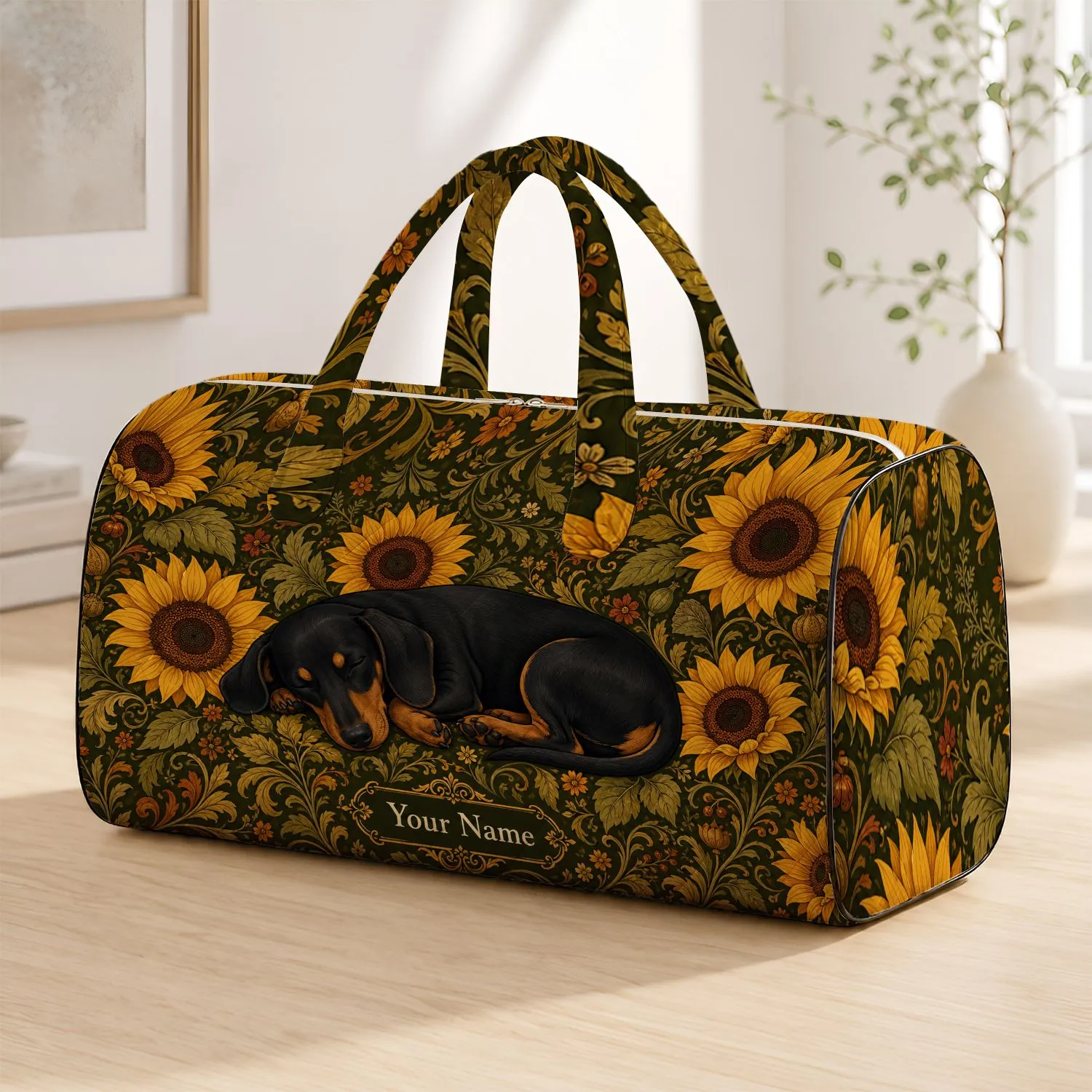 Sleeping Dachshund With Sunflowers And Olive Autumn Florals For Dog Lover Travel Quilted Weekend Bag - 1