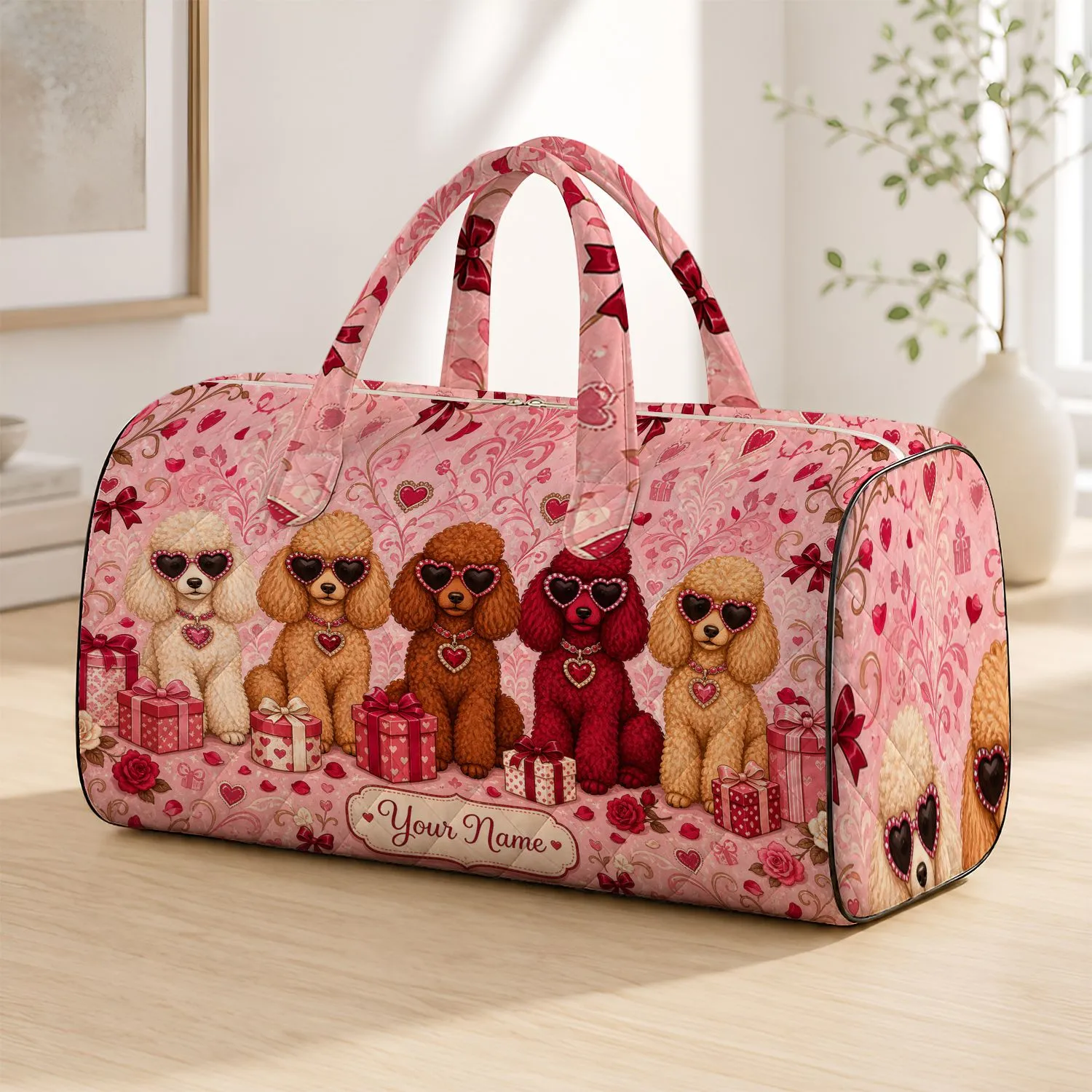 Five Chic Poodles In Heart Sunglasses With Gifts For Pink Glam Getaways And Vacations Quilted Weekend Bag - 1
