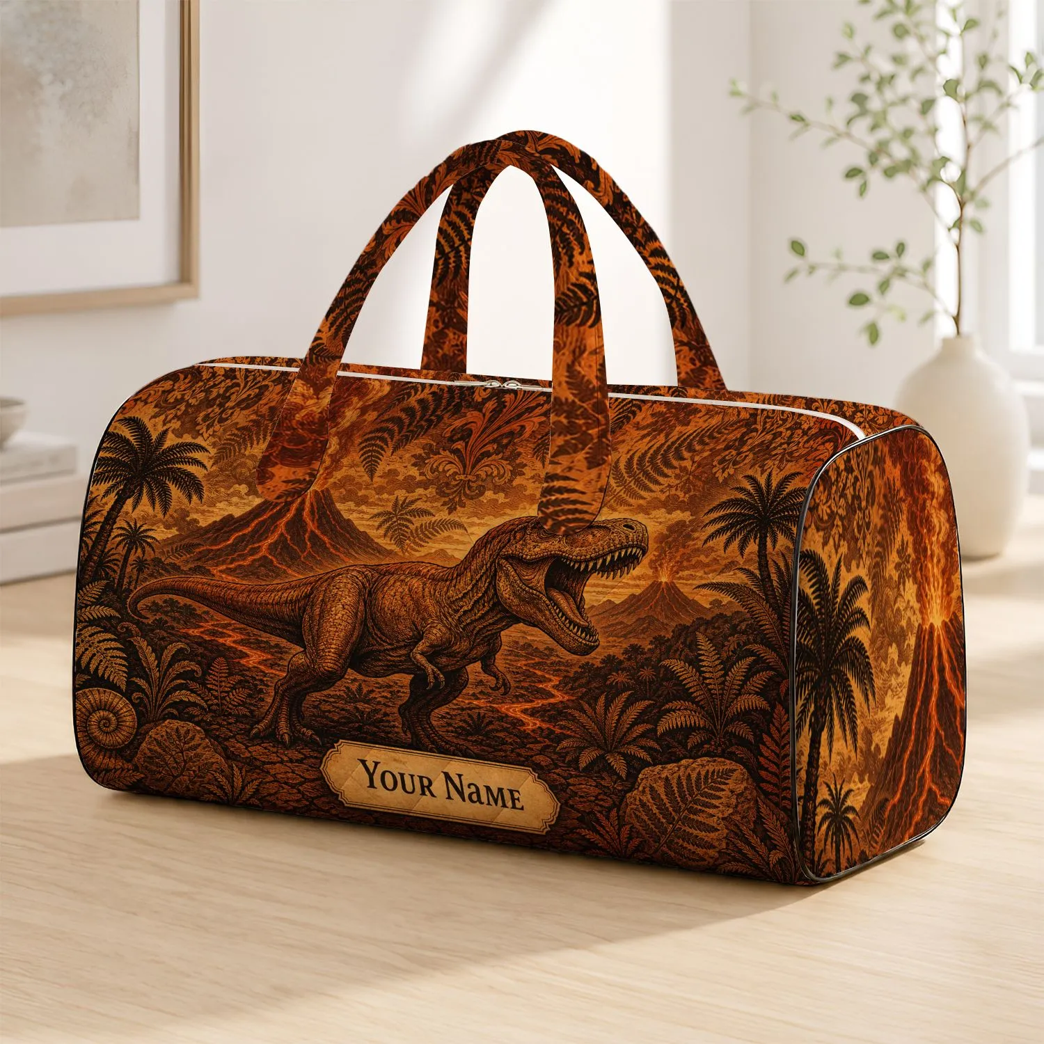 Roaring T Rex Dinosaur With Vintage Jurassic Volcanoes For Travel And Dinosaur Lovers Quilted Weekend Bag - 1