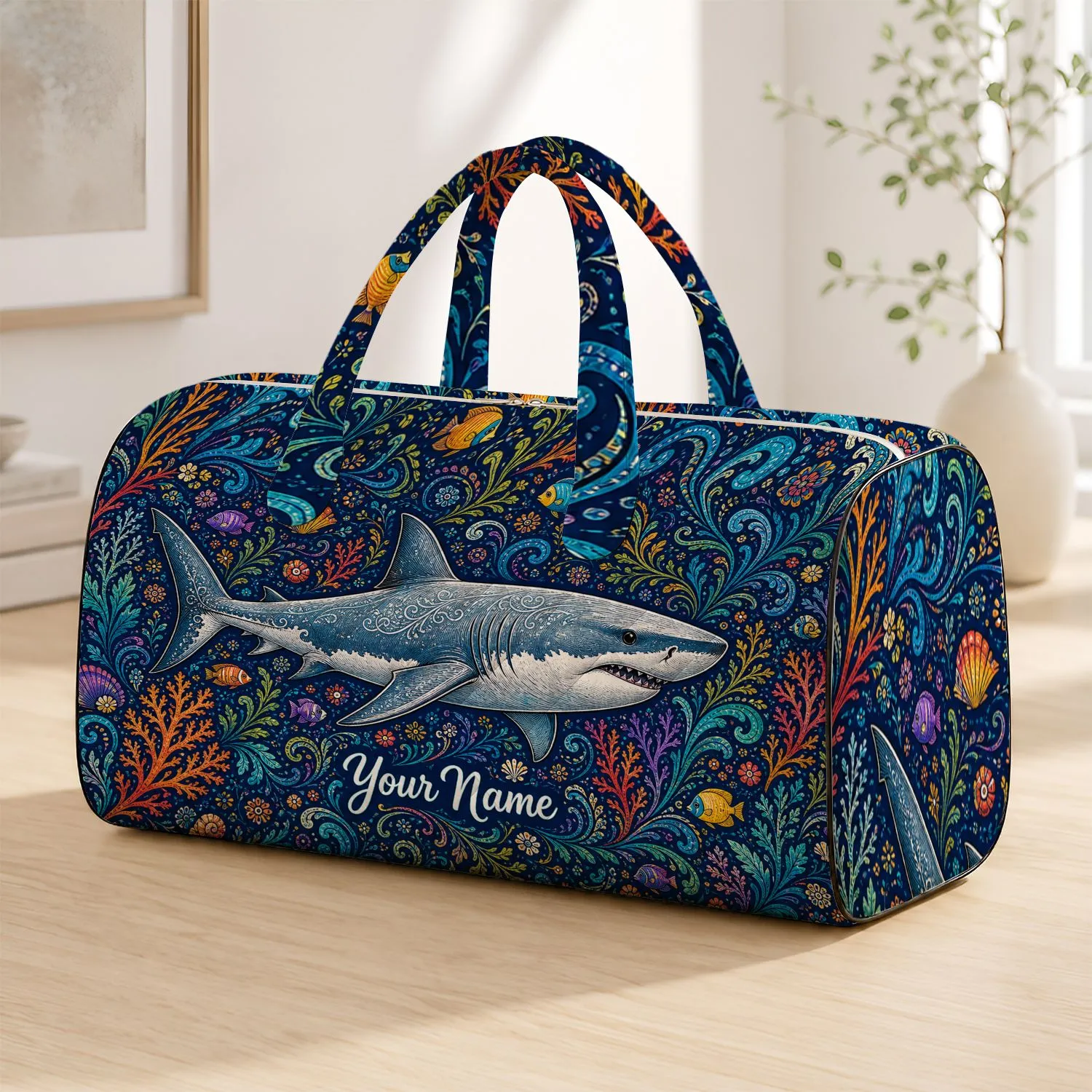 Boho Great White Shark Ocean Wildlife For Coastal Travel Beach Vacation Lovers Family Quilted Weekend Bag - 1