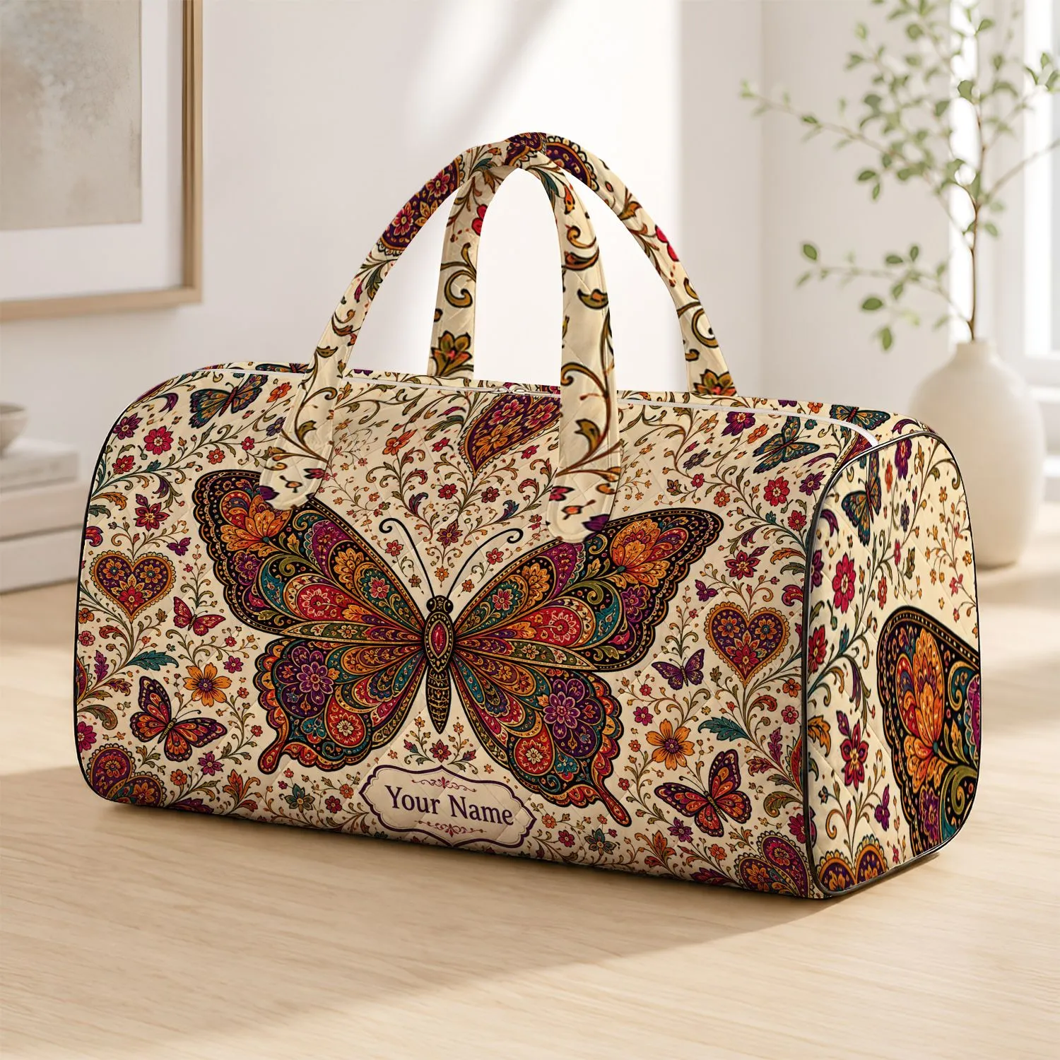 Colorful Folk Boho Butterfly With Floral Vines For Travel Getaways And Picnics Lovers Quilted Weekend Bag - 1
