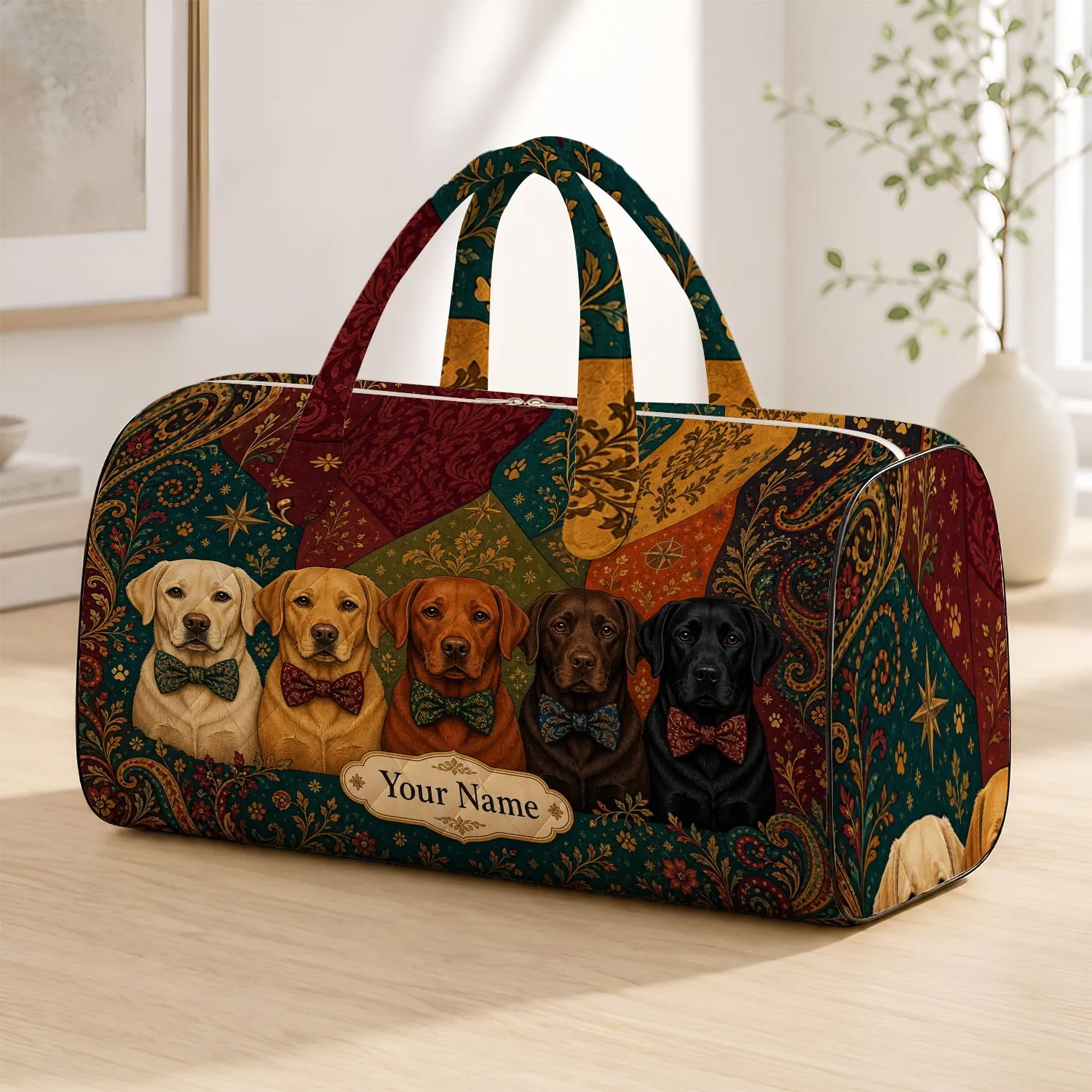 Five Labrador Retrievers In Heritage Folk Art For Overnight Trips And Dog Lovers Quilted Weekend Bag - 1