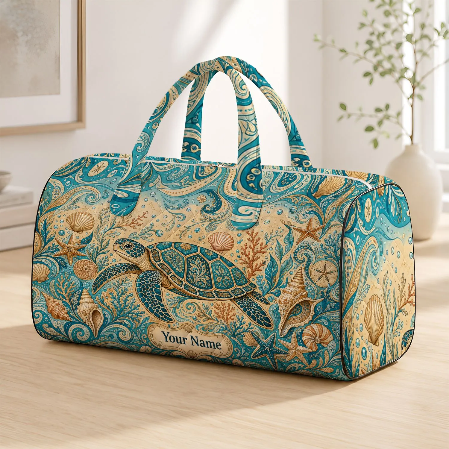 Sea Turtle With Shells And Starfish For Beach Trips And Coastal Boho Women Travelers Quilted Weekend Bag - 1