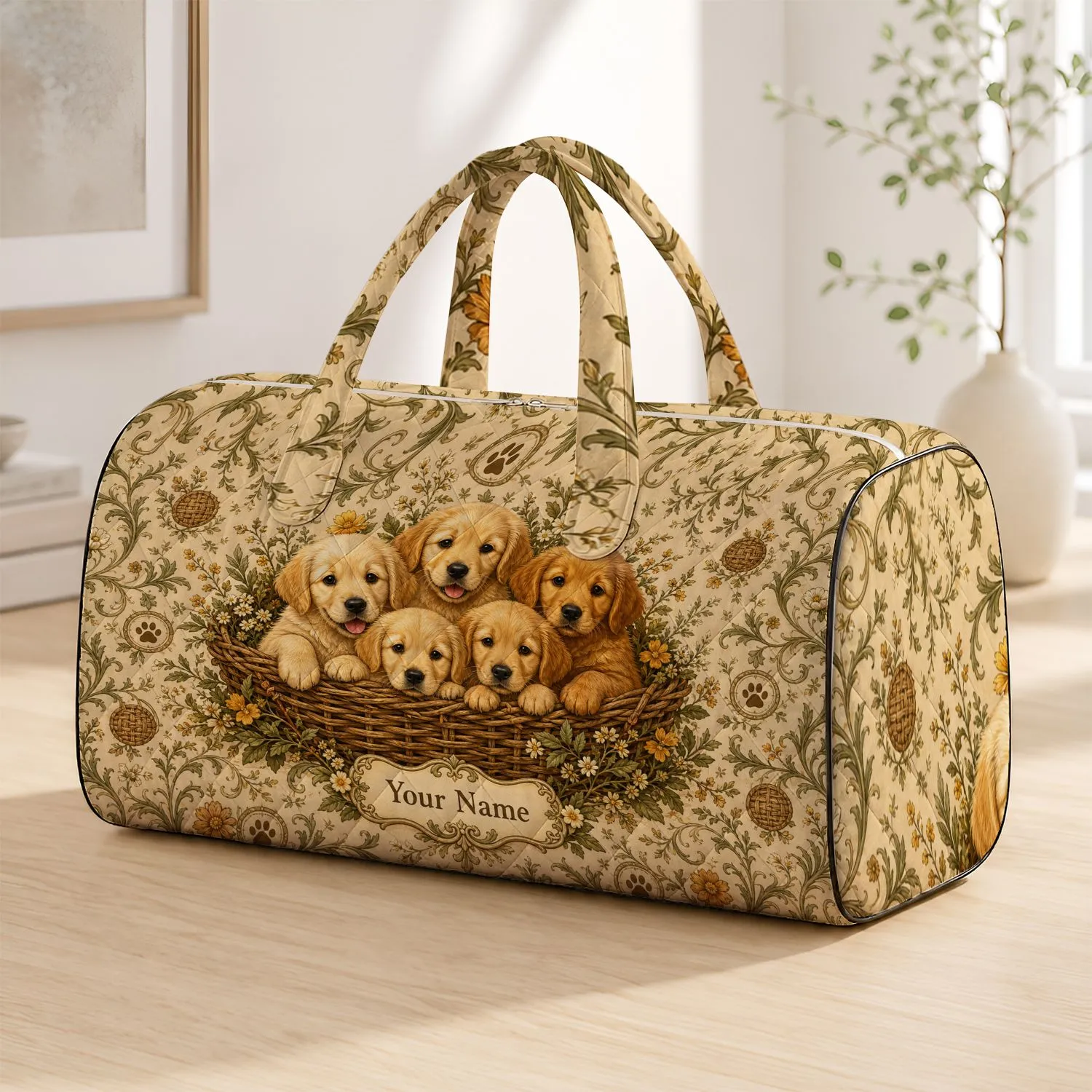 Golden Retriever Puppies In Willow Basket Beige Floral Travel Style For Dog Lovers Quilted Weekend Bag - 1
