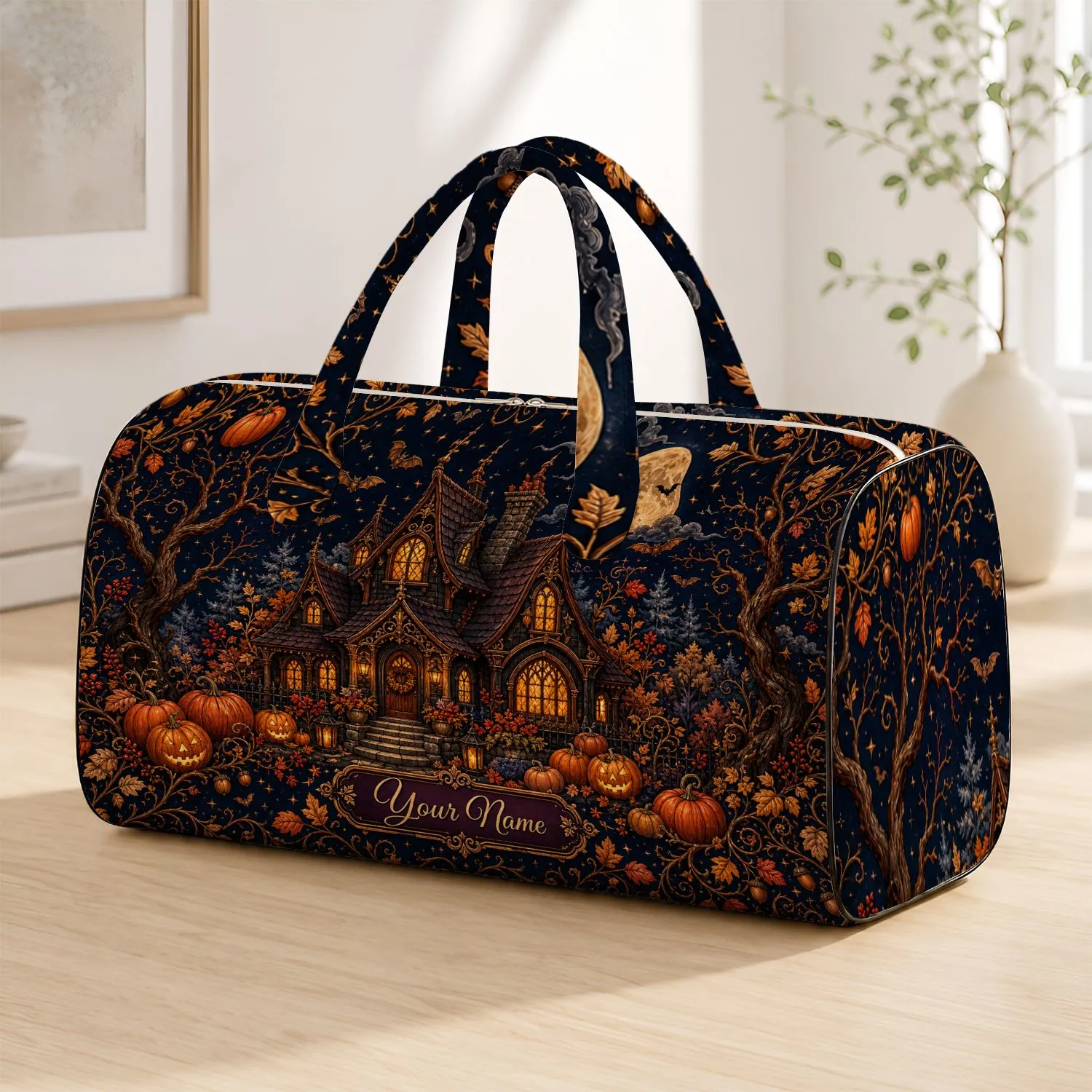 Moonlit Gothic Cottage With Pumpkins And Copper Vines For Autumn Halloween Travel Quilted Weekend Bag - 1