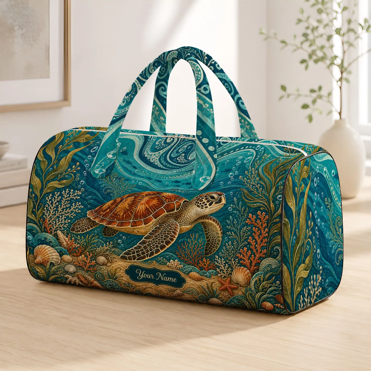 Sea Turtle Ocean Sanctuary With Teal Waves For Coastal Beach Getaways And Women Travelers Quilted Weekend Bag - 1