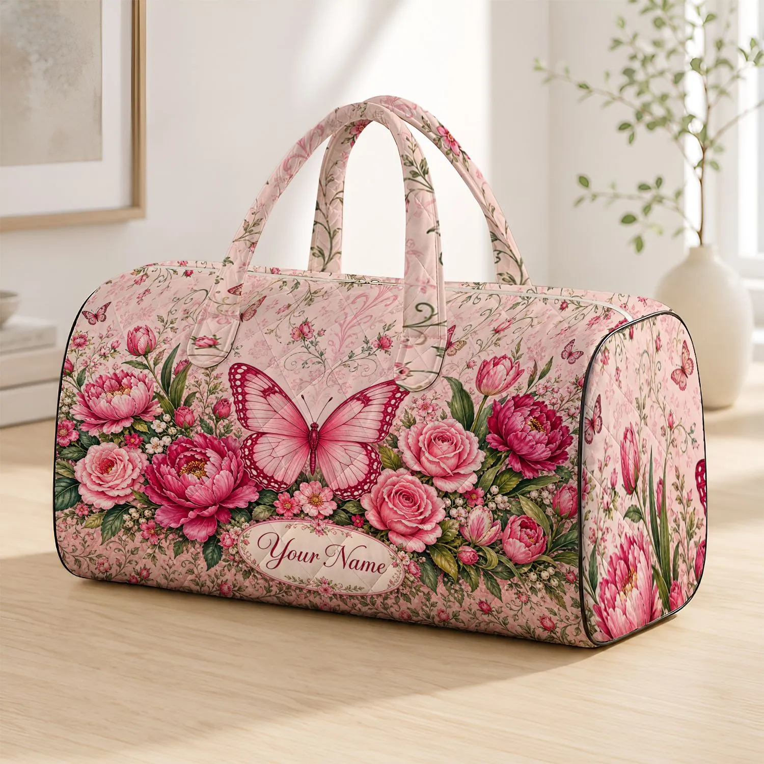 Pink Butterfly Rose Peony Tulip Garden With Name For Women Travel And Daily Storage Quilted Weekend Bag - 1