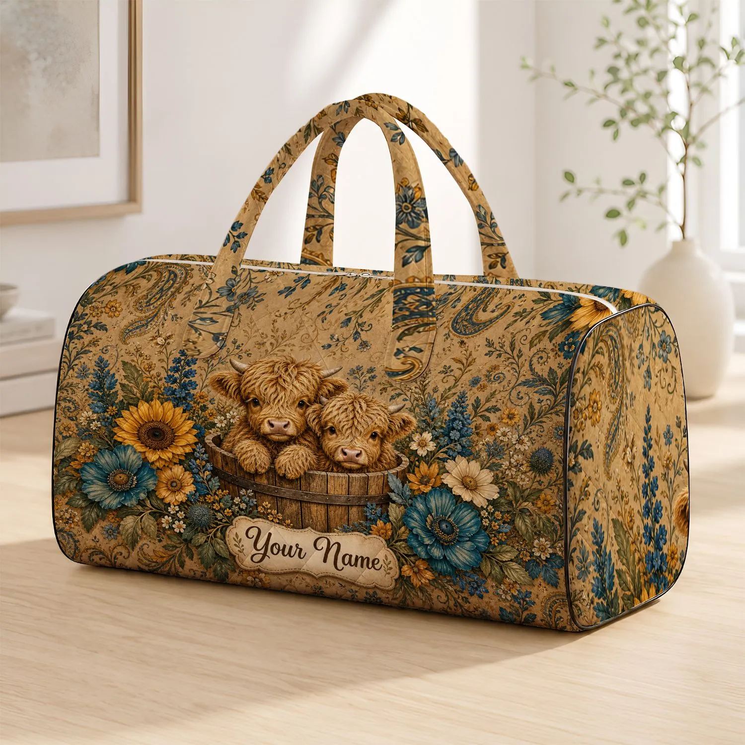 Highland Calves In Barrel With Blue Yellow Wildflowers For Country Getaways Farmhouse Fans Quilted Weekend Bag - 1