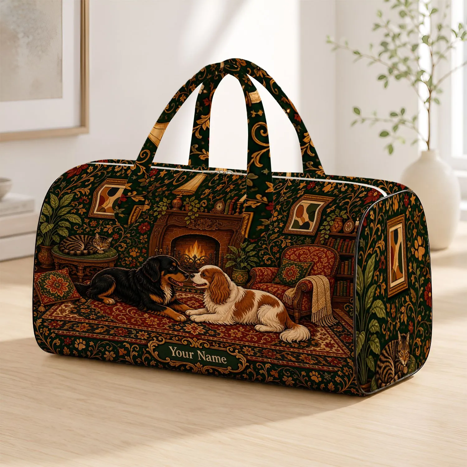 Vintage Cat And Dog Cozy Home Scene With Your Name For Pet Lover Travel Gym Commute Gift Quilted Weekend Bag - 1