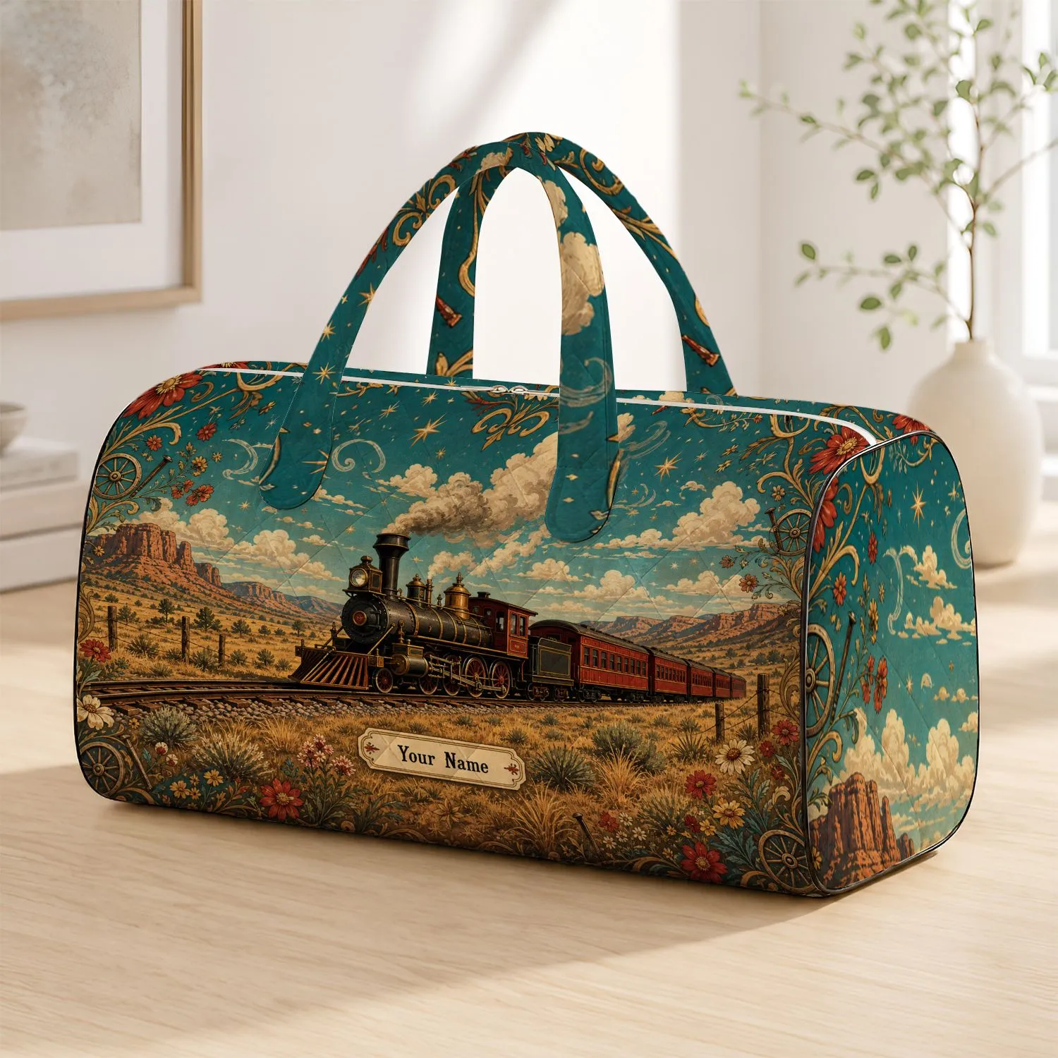 Vintage Western Steam Train Prairie Scene For Ranch Road Trips And Country Travel Quilted Weekend Bag - 1