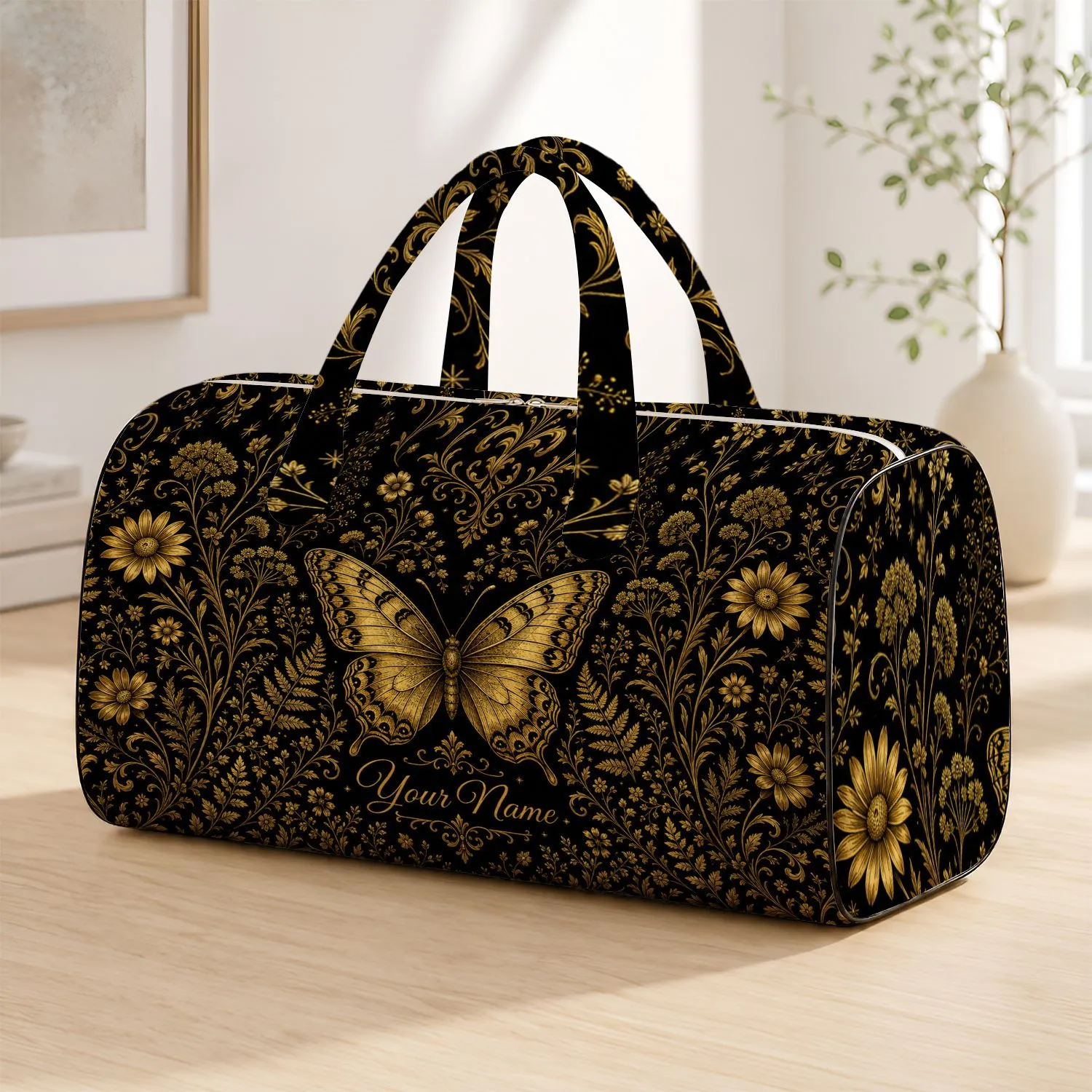 Gold Butterfly And Botanical Damask On Black For Travel, Work, And Overnight Style Quilted Weekend Bag - 1