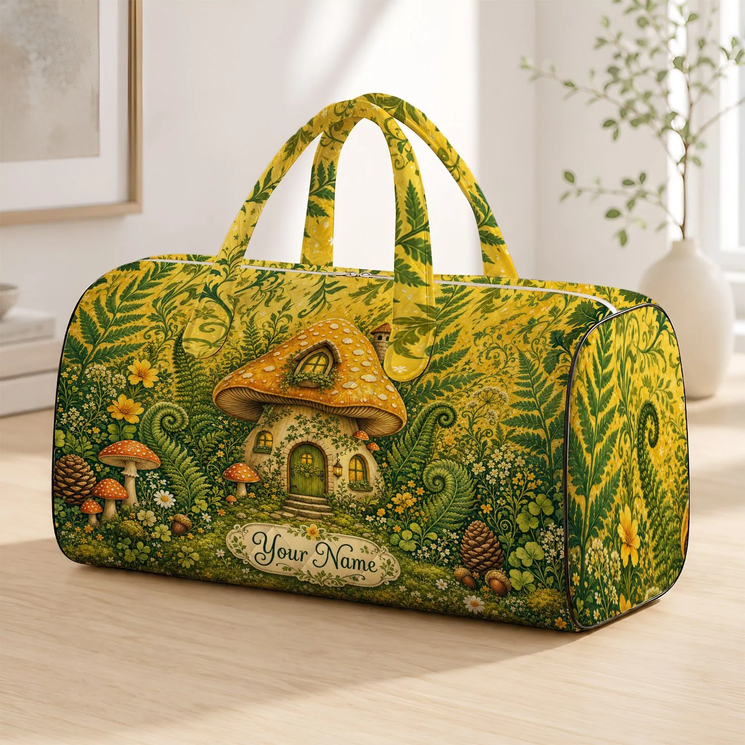 Mushroom Cottage Fairy Garden With Ferns And Wildflowers For Woodland Travel Lovers Quilted Weekend Bag - 1