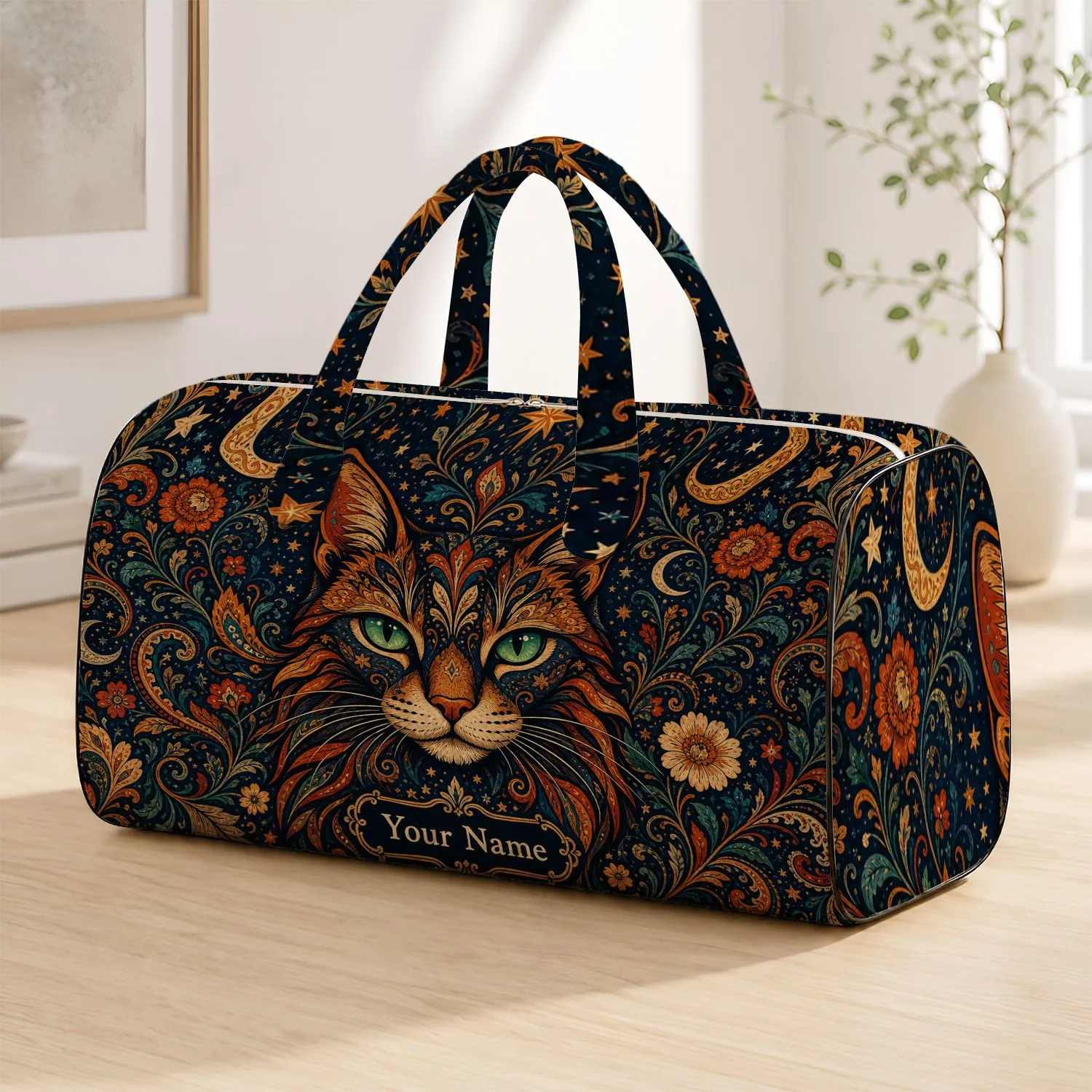 Bohemian Starry Sky Cat With Emerald Eyes For Travel, Picnics, Gym, And Shopping Quilted Weekend Bag - 1