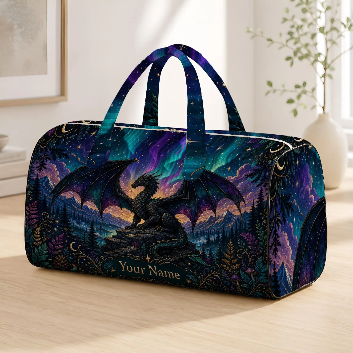 Mystic Aurora Dragon Over Pine Forest Fantasy Travel Style For Northern Lights Fans Quilted Weekend Bag - 1