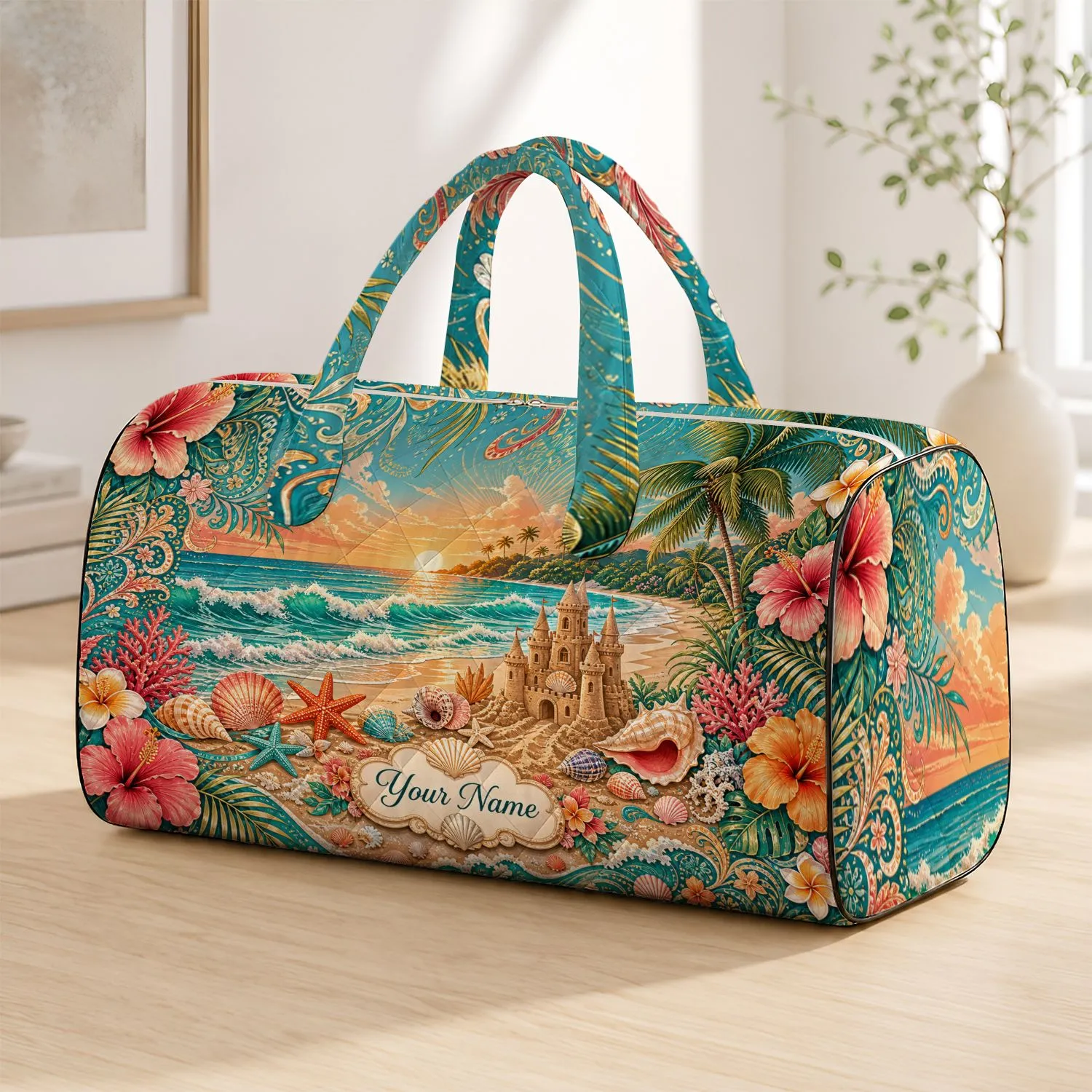 Tropical Paradise Beach Sunset Golden Hour With Seashells Sandcastle Vacation For Her Quilted Weekend Bag - 1