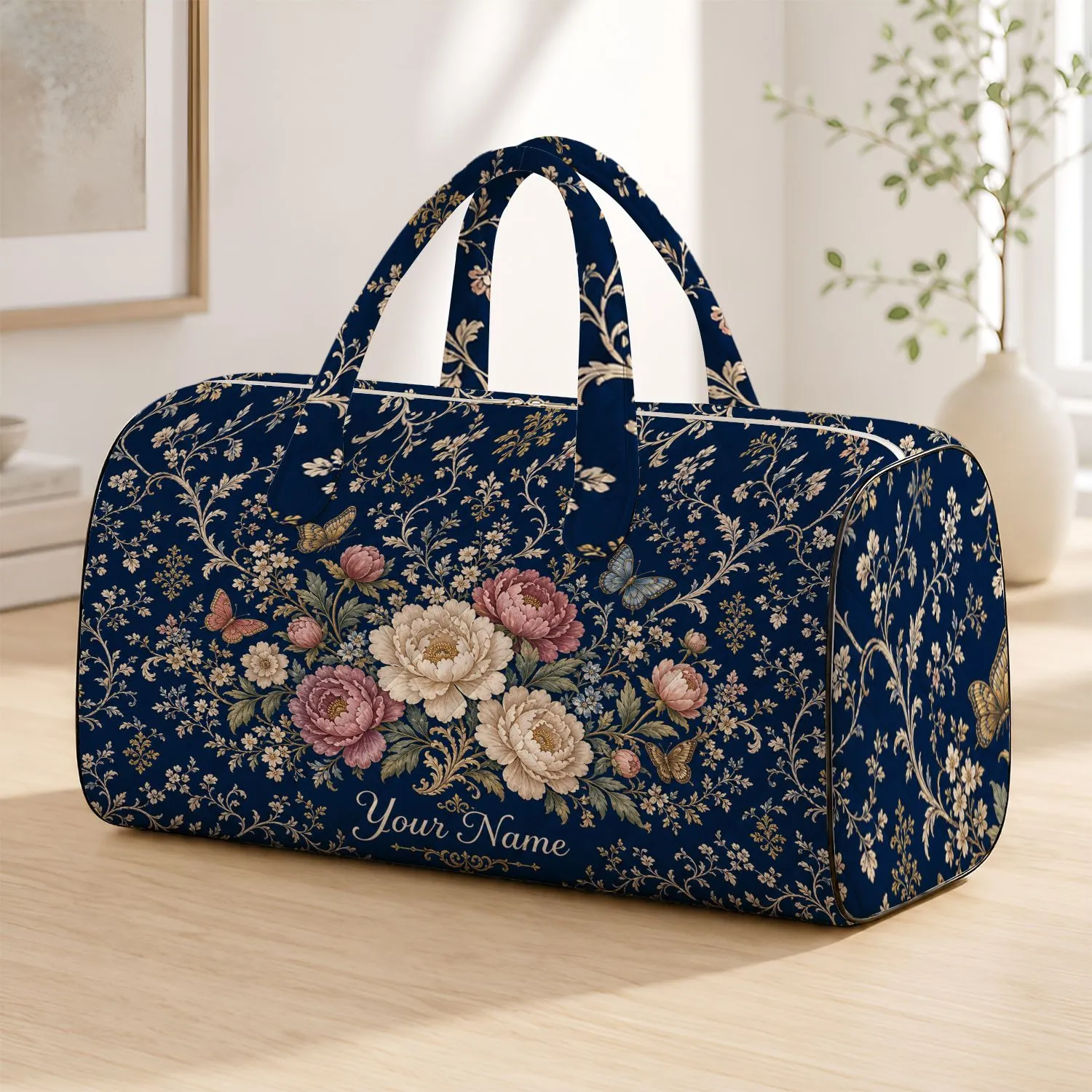 Navy Porcelain Peonies And Butterflies Vintage Floral Travel Style Gift For Her Vacation Quilted Weekend Bag - 1