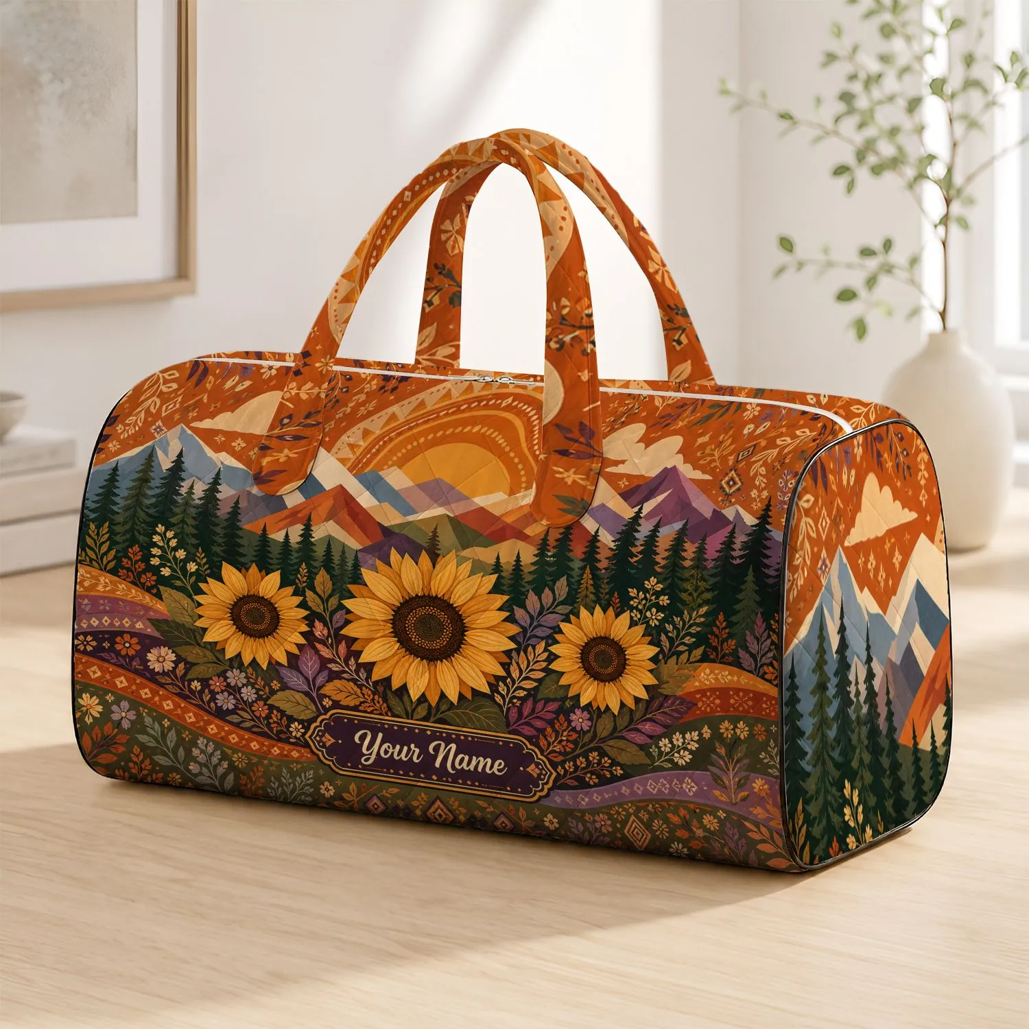 Retro Sunflower Mountain Forest Patchwork Autumn Travel Style For Women And Men Trips Quilted Weekend Bag - 1