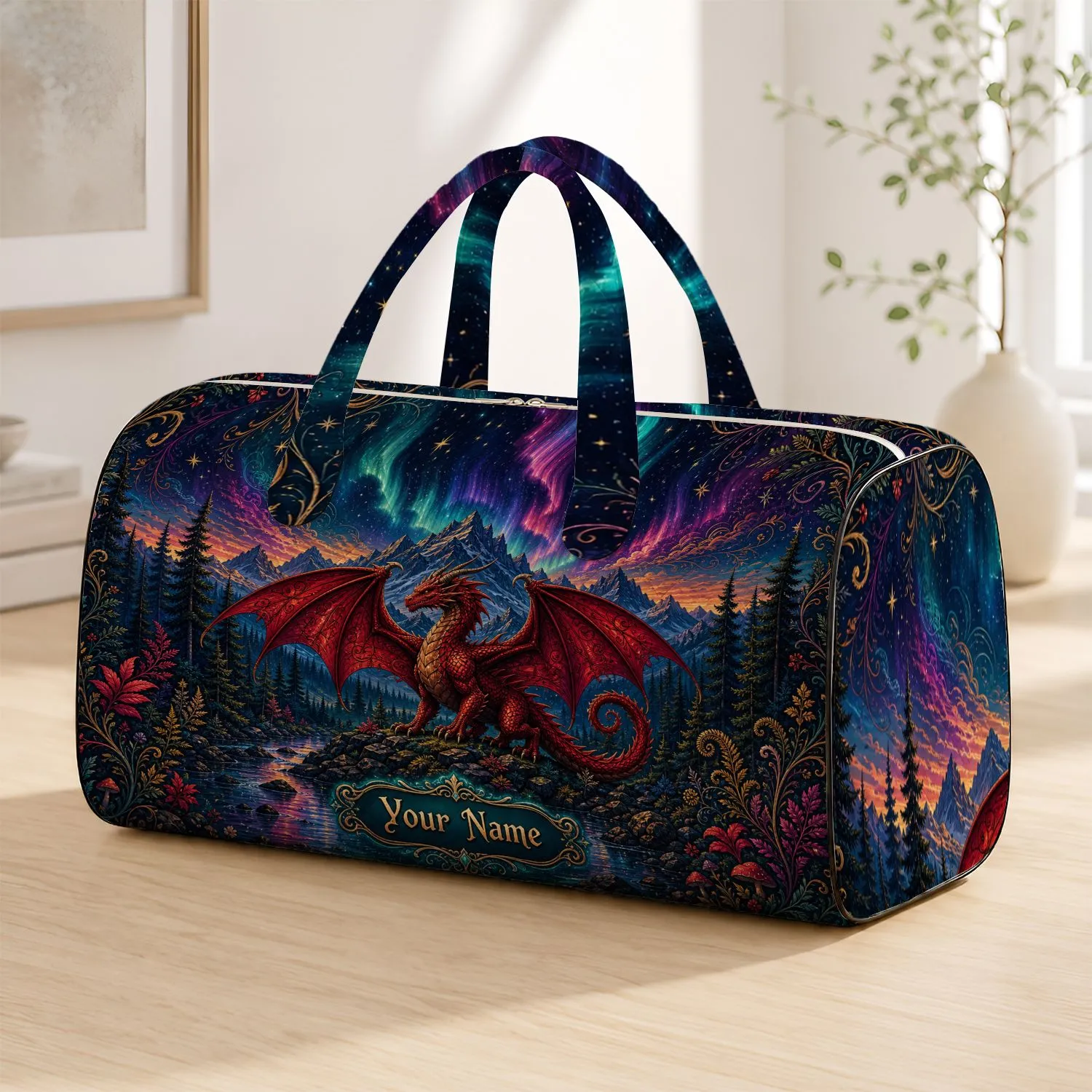 Crimson Dragon Aurora Mountain Forest Fantasy Travel Gift For Gamers And Comic Con Fans Quilted Weekend Bag - 1