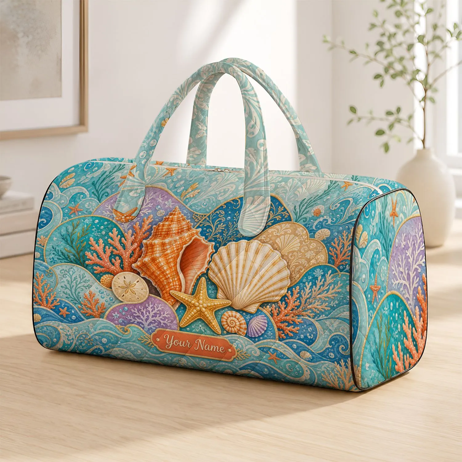 Macaron Ocean Shell Collage With Conch Starfish For Beach Getaways And Coastal Lovers Quilted Weekend Bag - 1