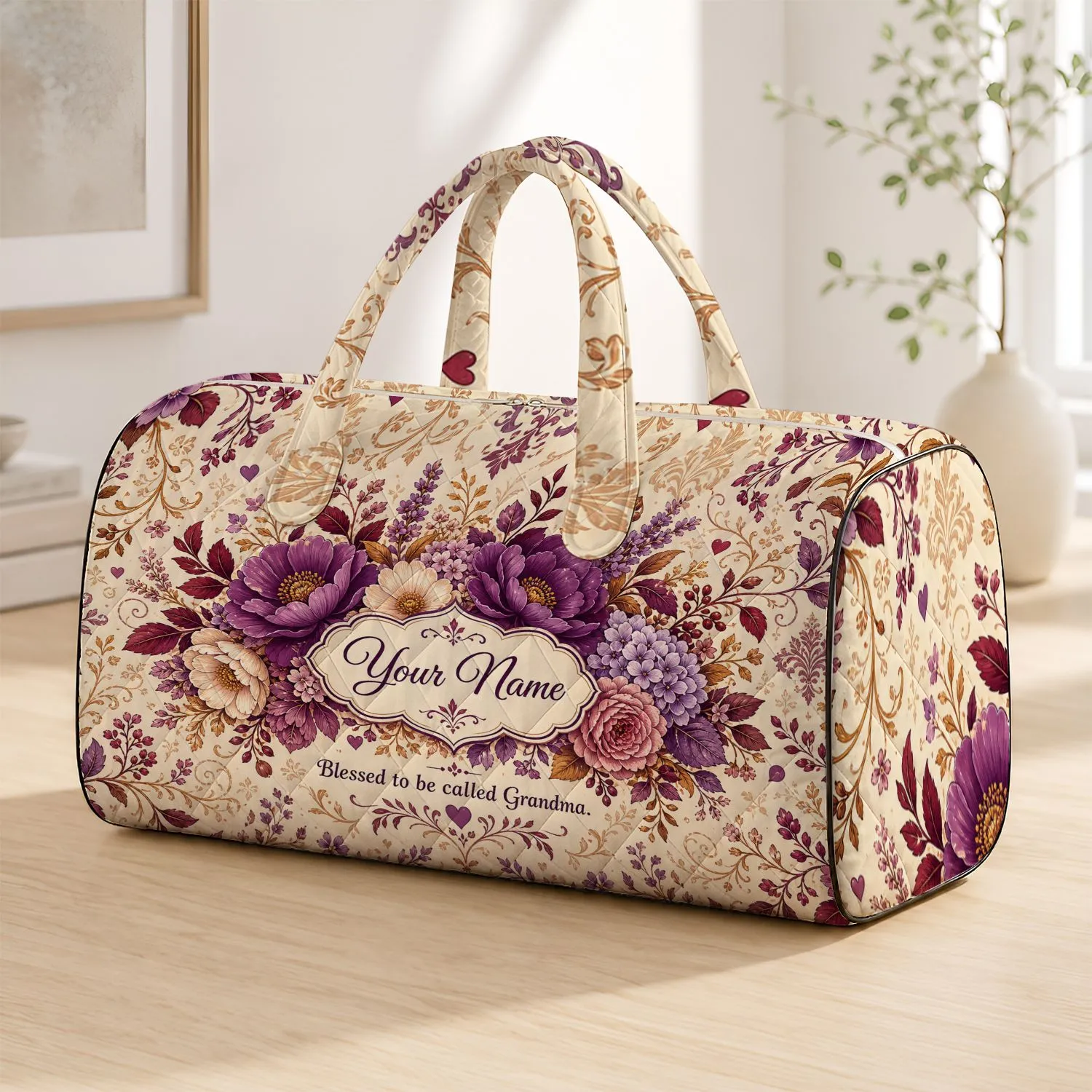 Purple Floral Heritage Garden With Your Name Cartouche For Grandmother Gift Travel Quilted Weekend Bag - 1