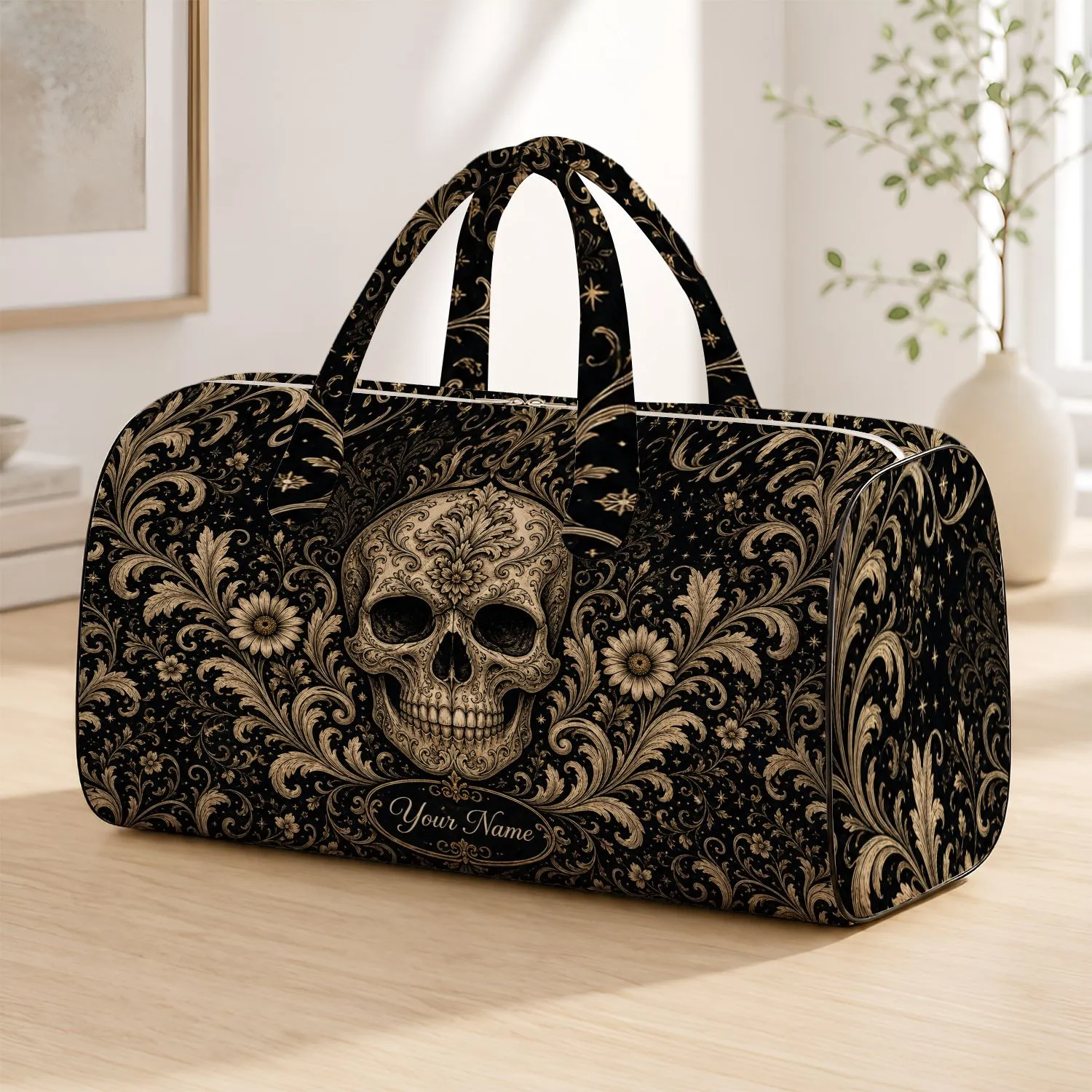 Dark Gothic Baroque Skull And Ivory Florals With Name Cartouche For Travel Lovers Quilted Weekend Bag - 1