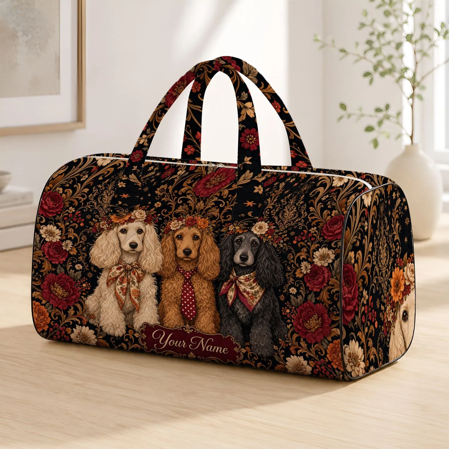 Luxury Long Eared Dog Trio With Autumn Florals For Boutique Travel Pet Lovers Gift Quilted Weekend Bag - 1