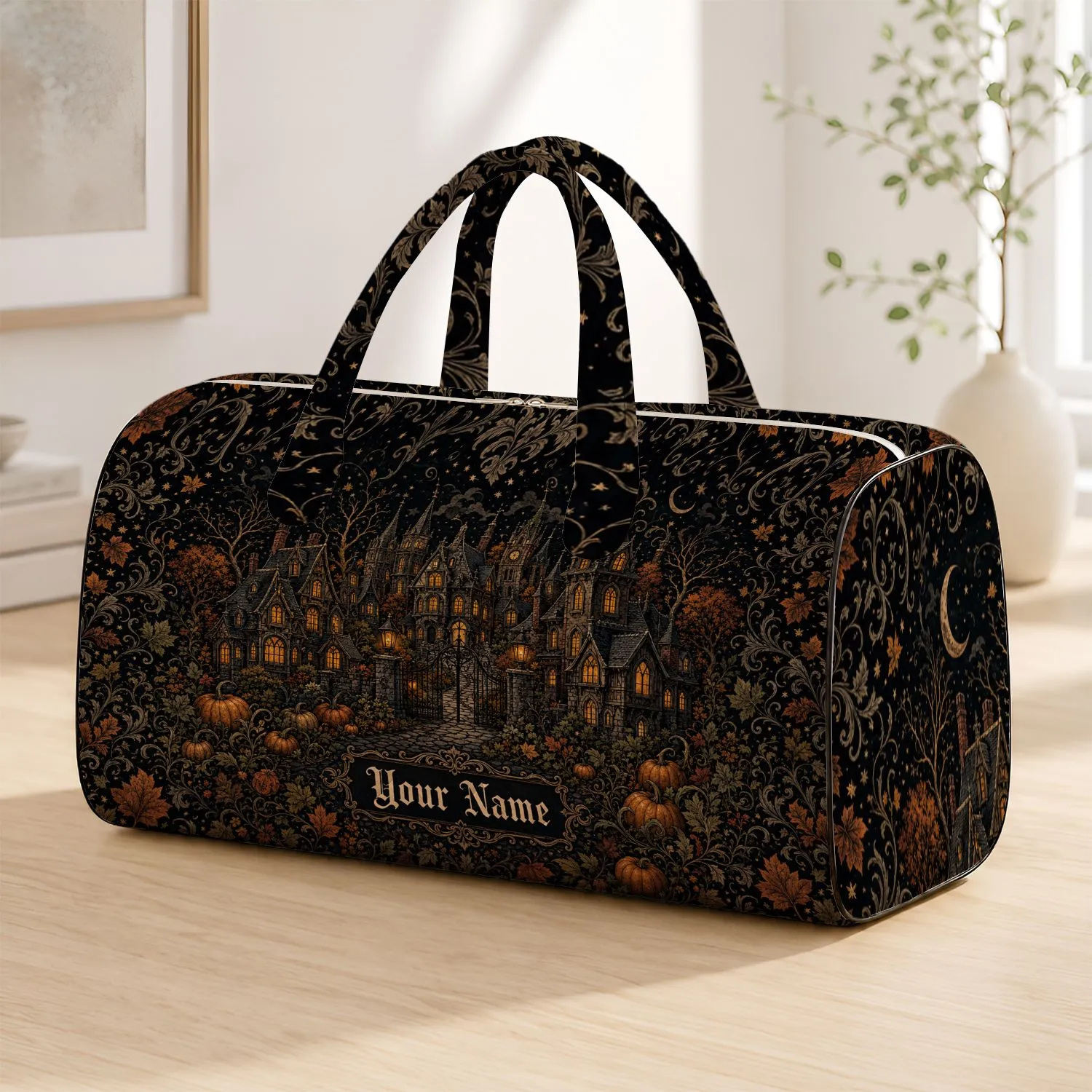 Gothic Halloween Village With Pumpkins And Amber Windows For Autumn Travel Women Quilted Weekend Bag - 1
