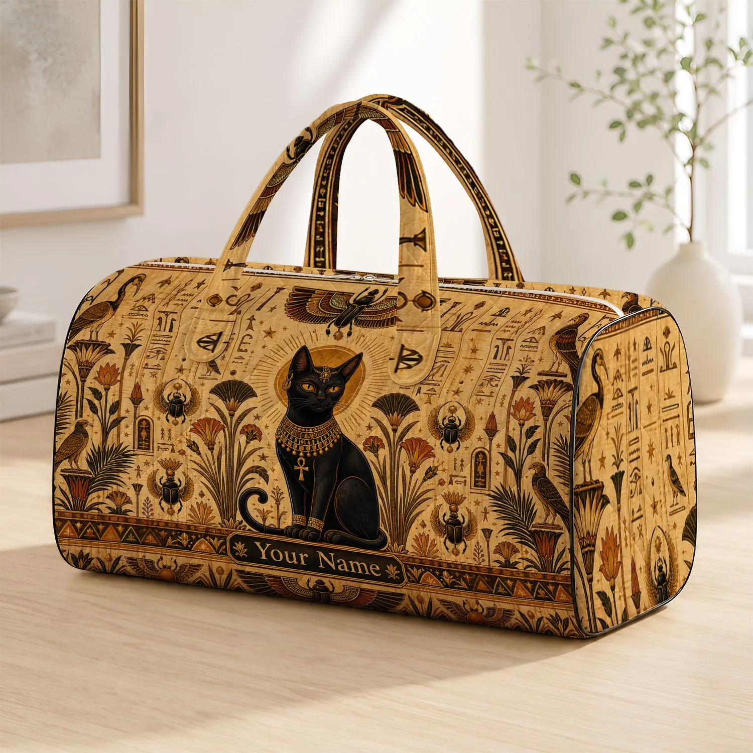 Egyptian Pharaoh Cat With Gold Ankh And Papyrus Motifs For Overnight Travel Cat Lovers Quilted Weekend Bag - 1