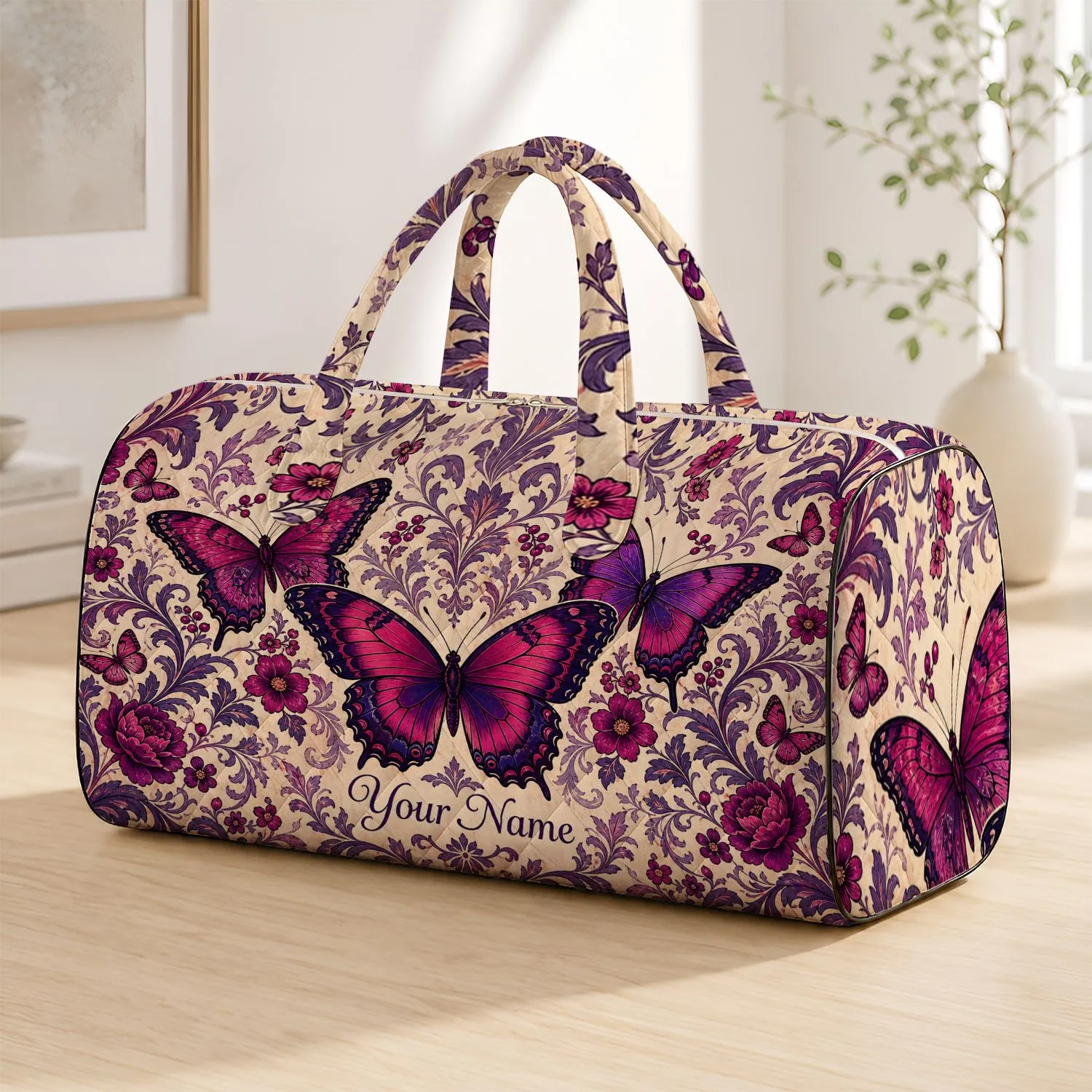 Vintage Botanical Butterflies With Violet Florals For Romantic Travel Style Women Quilted Weekend Bag - 1