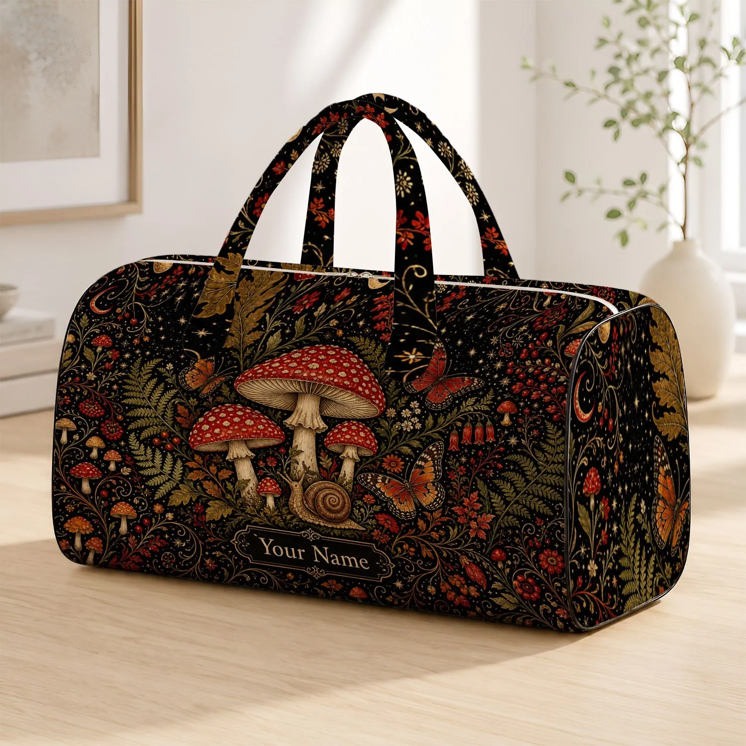 Dark Woodland Mushroom Butterfly Snail Folk Art Name Gift For Cottagecore Travelers Quilted Weekend Bag - 1