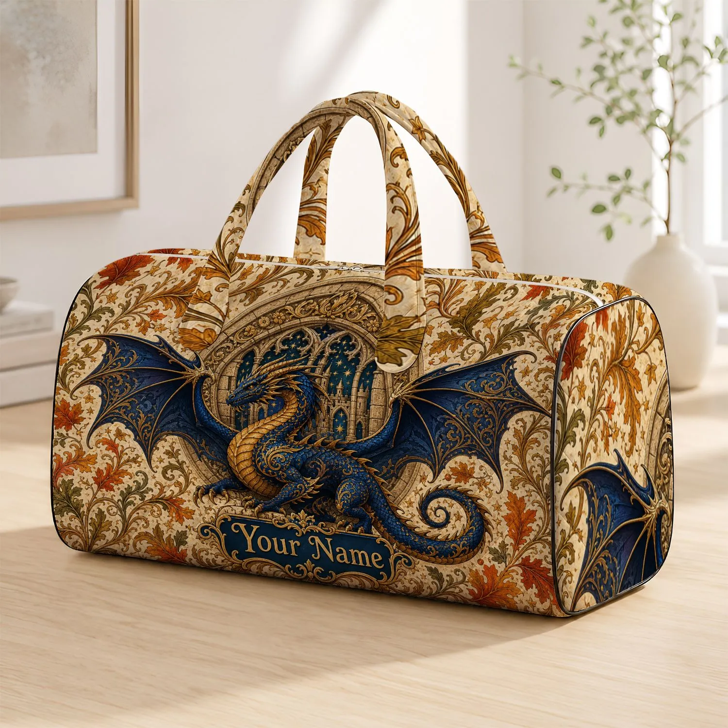 Blue Gold Dragon Fantasy Crest With Parchment Leaves For Travel And Holiday Gifts Quilted Weekend Bag - 1