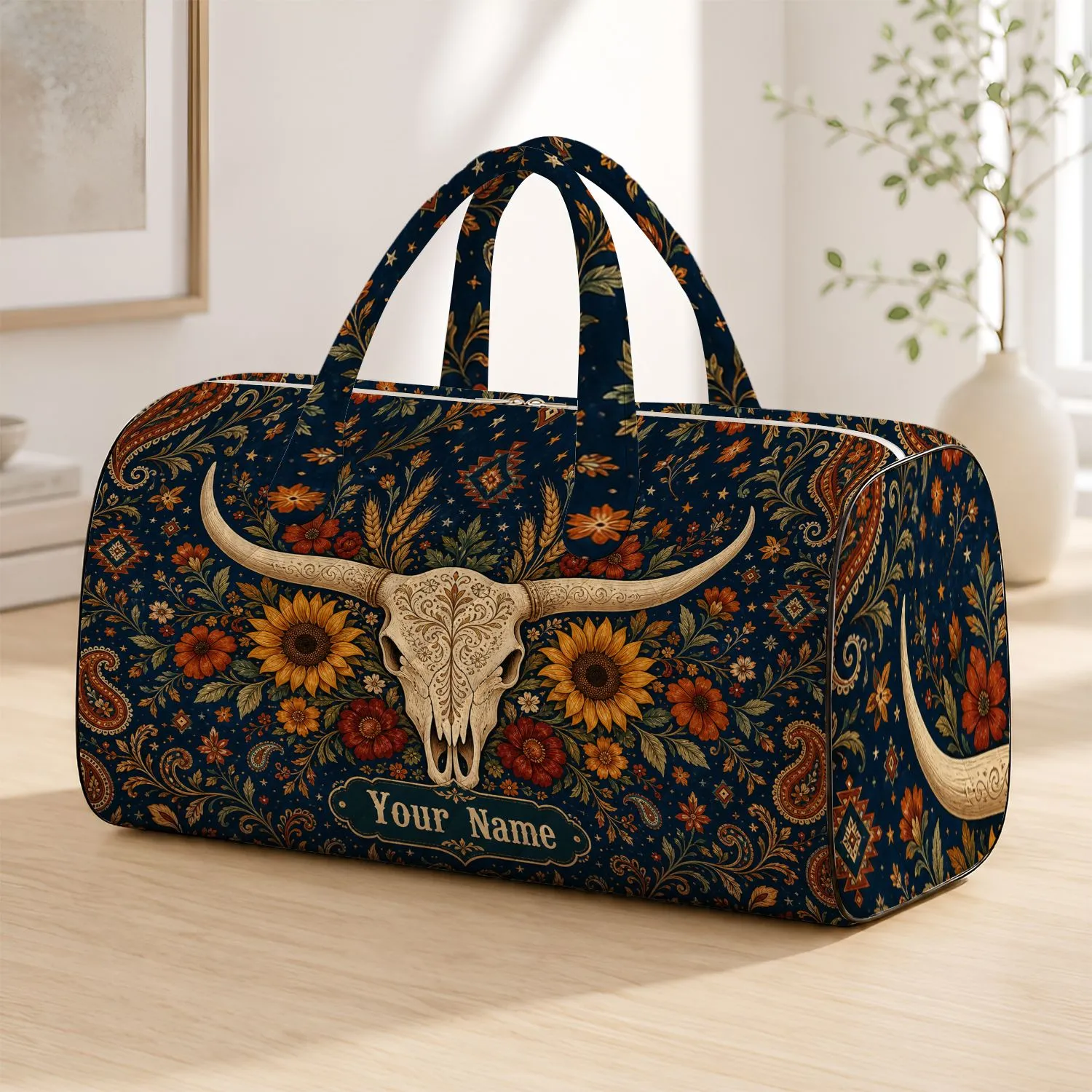Navy Longhorn Skull With Sunflowers Rustic Western Autumn Travel Style For Women Quilted Weekend Bag - 1