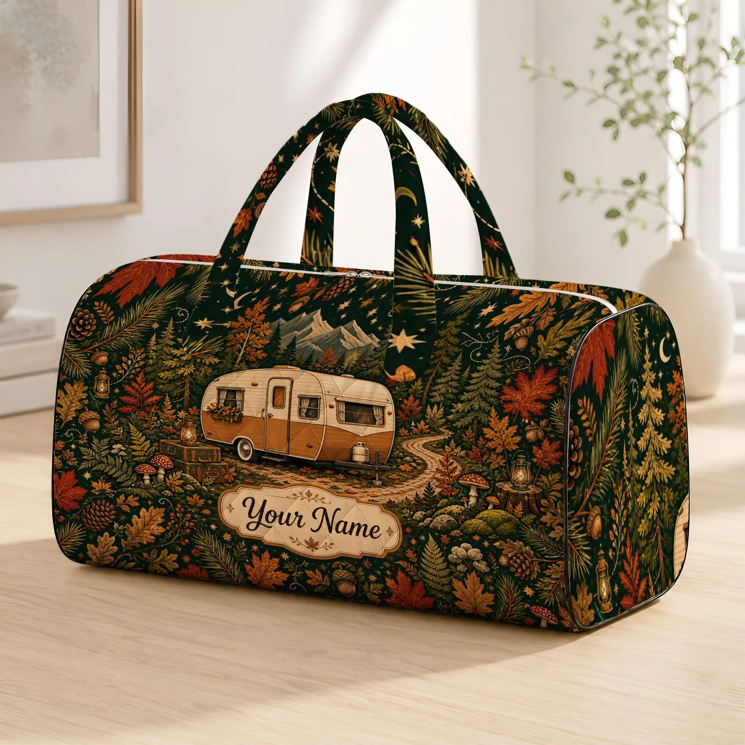 Vintage Camper In Autumn Pine Forest For Cozy Camping Road Trips And Outdoor Getaways Quilted Weekend Bag - 1