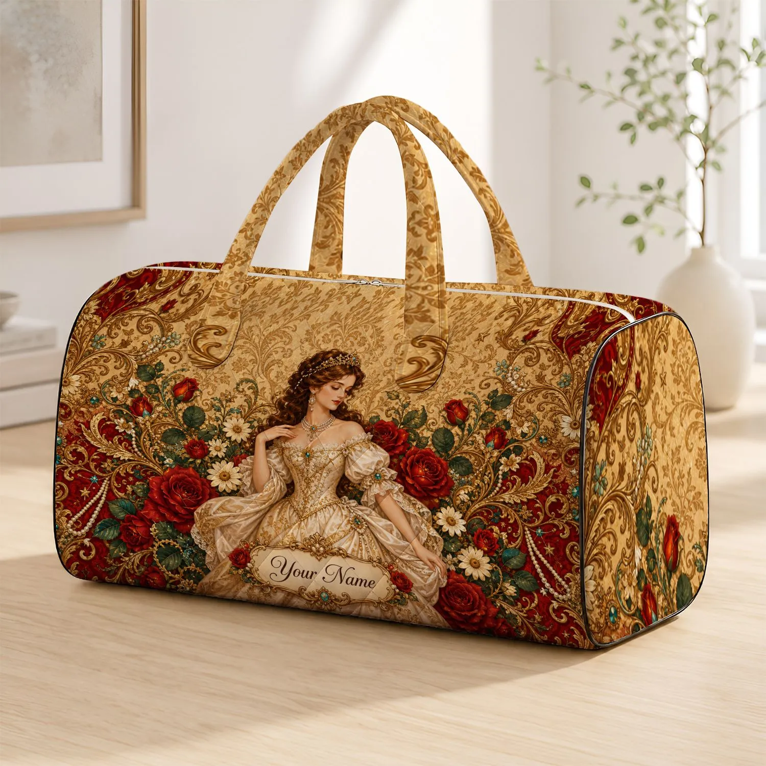 Regal Noblewoman With Red Roses And Gold Damask For Romantic Holiday Travel Gifts Quilted Weekend Bag - 1