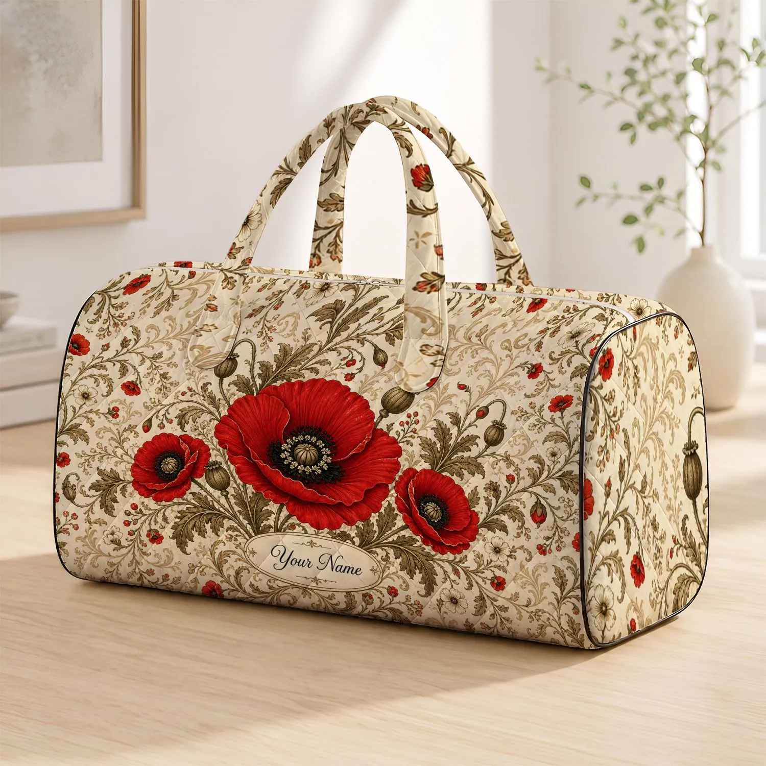 Crimson Red Poppy Botanical Garden With Your Name Accent For Retro Travel Style Women Quilted Weekend Bag - 1
