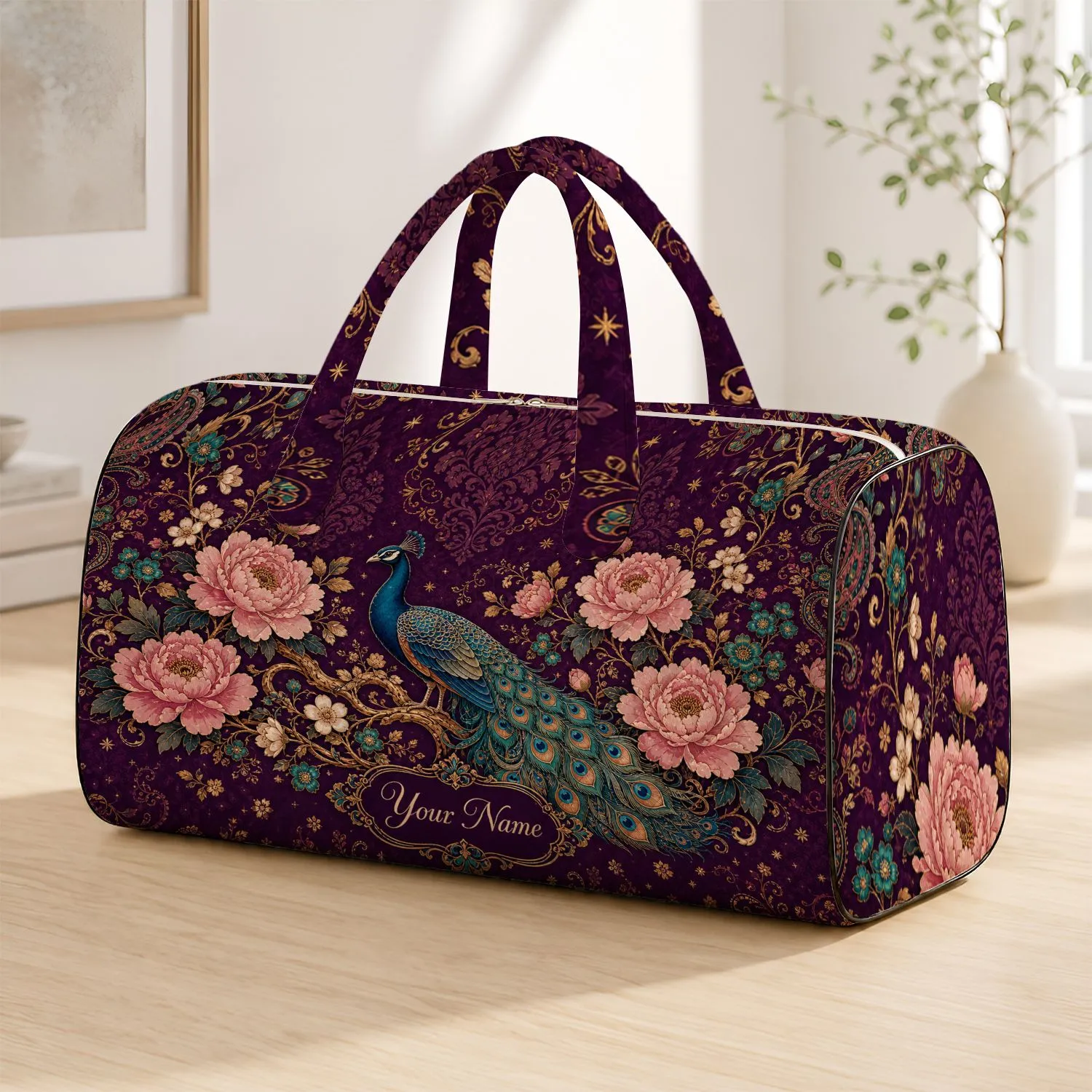 Opulent Blue Peacock And Blush Peony Oriental Botanical Travel Style For Elegant Women Quilted Weekend Bag - 1