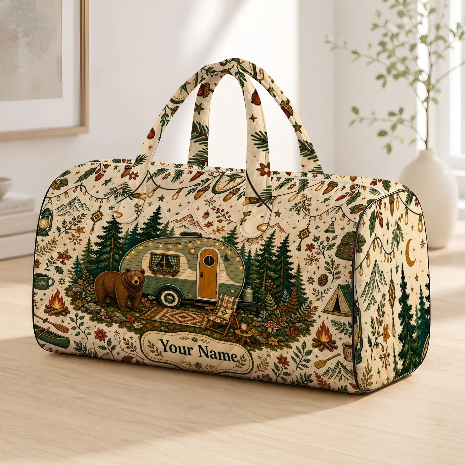 Retro Bear Camper In Evergreen Forest With String Lights For Cozy Camping Getaways Quilted Weekend Bag - 1