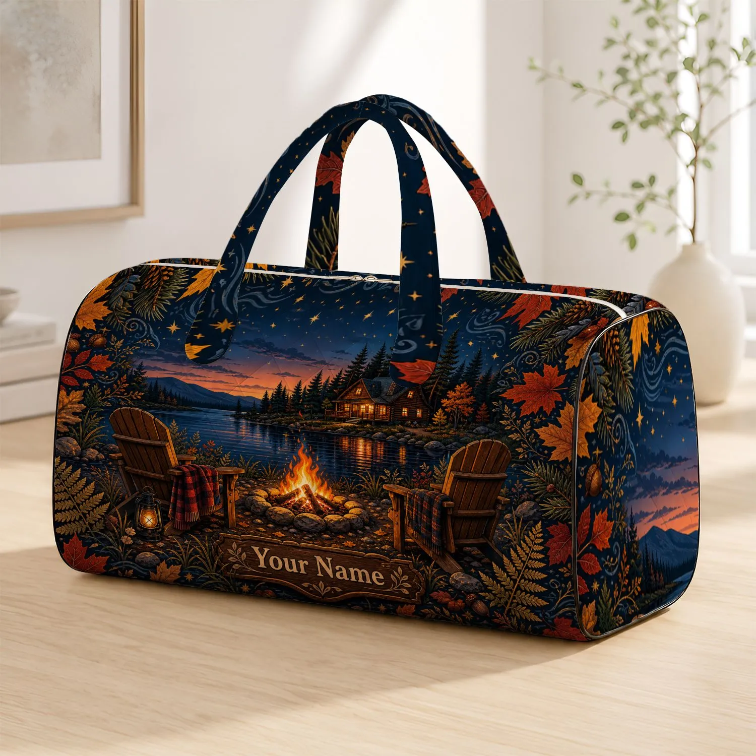 Cozy Lakeside Cabin Campfire At Dusk Autumn Retreat Travel Gift For Nature Lovers Quilted Weekend Bag - 1
